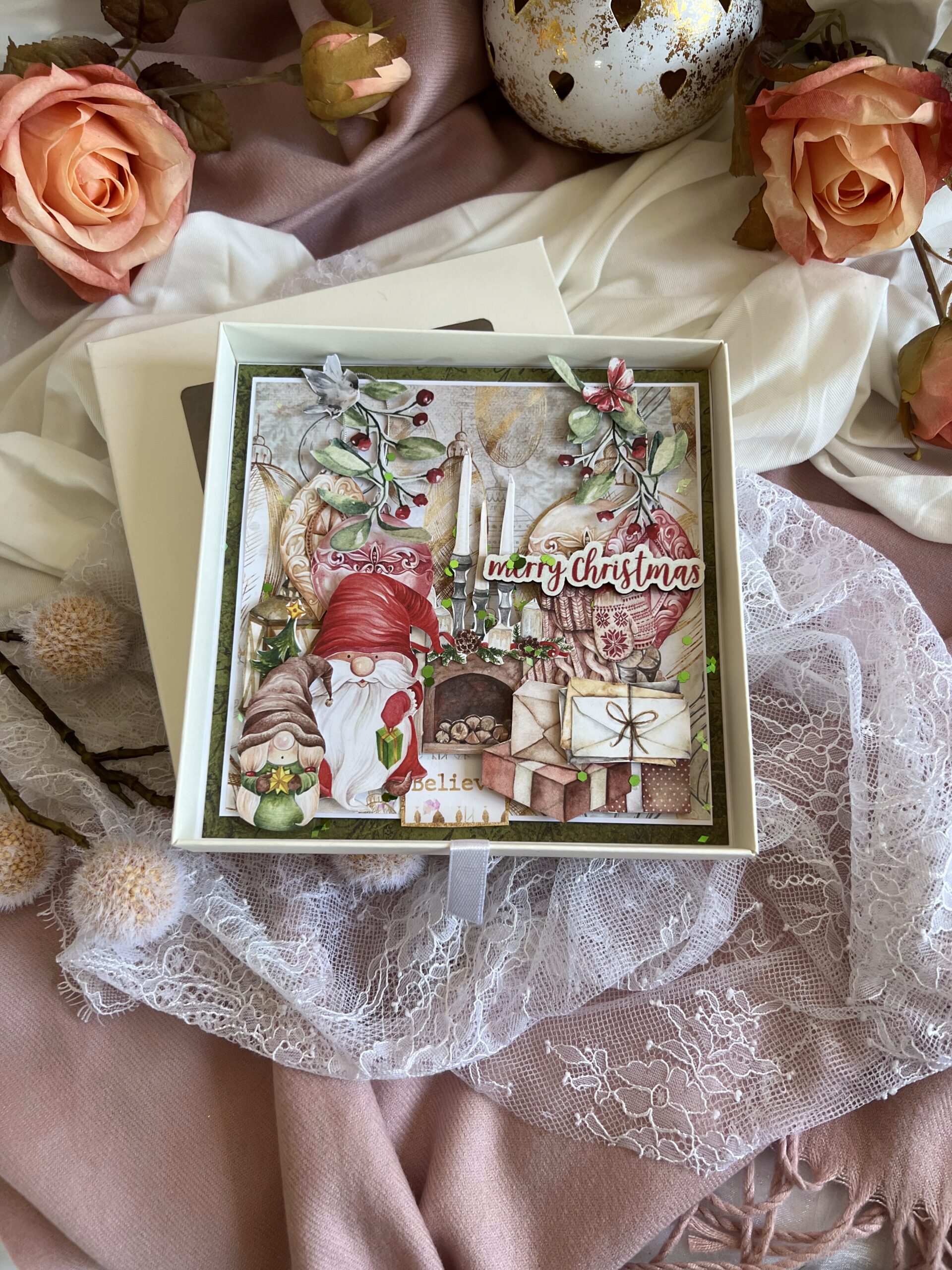 Luxury Artistic Christmas Card-Gnomes and Fireplace