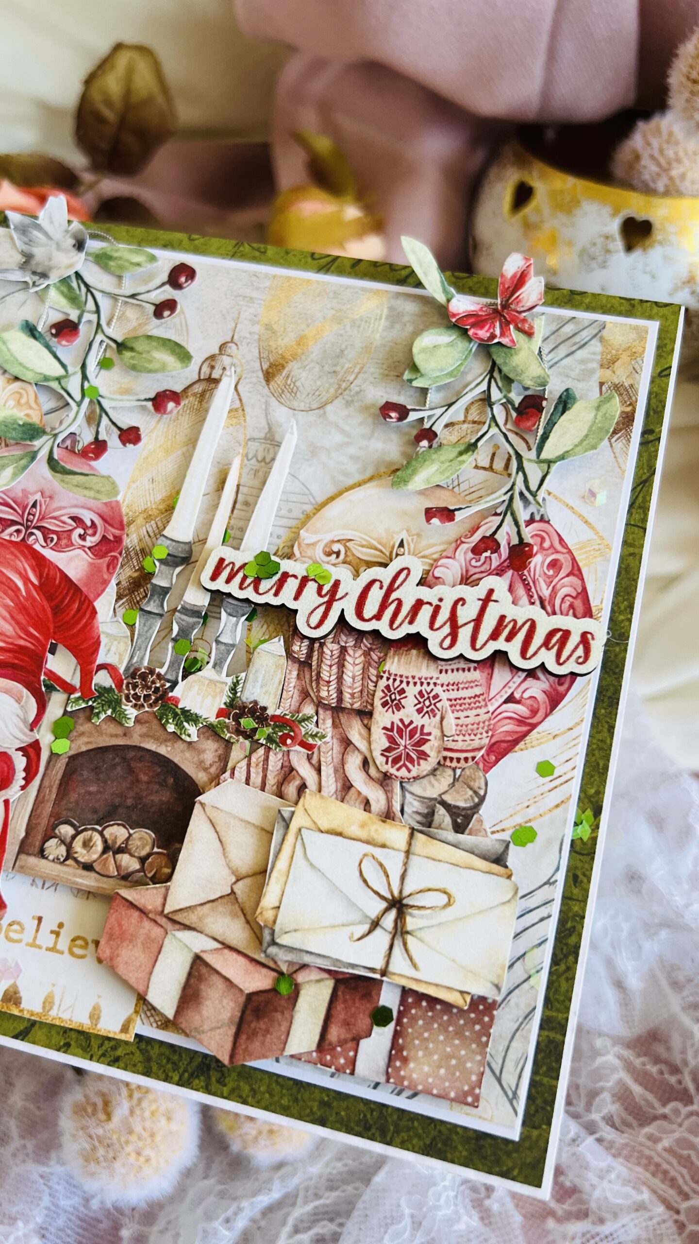 Luxury Artistic Christmas Card-Gnomes and Fireplace