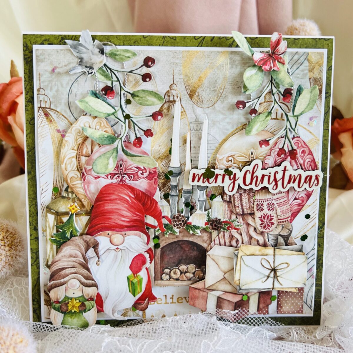 Luxury Artistic Christmas Card-Gnomes and Fireplace