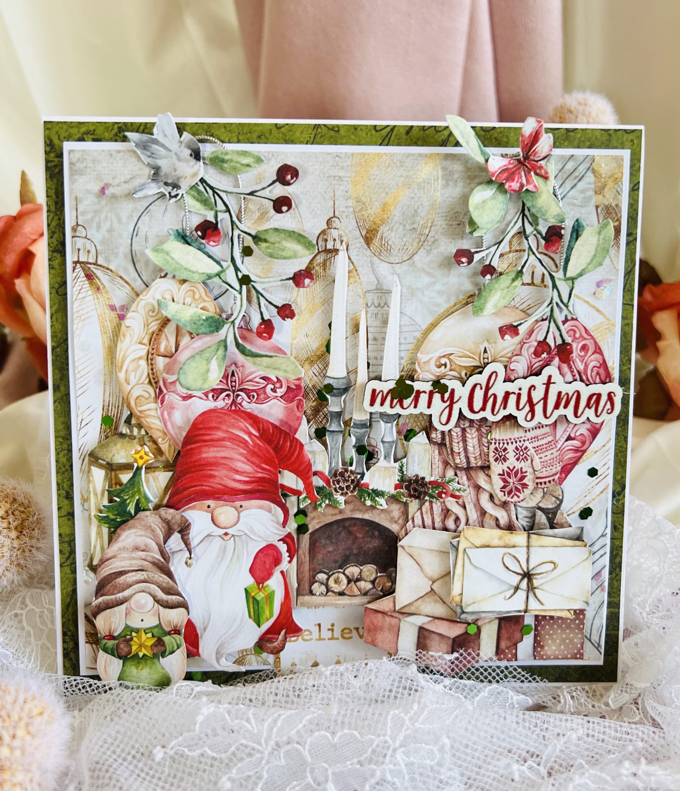 Luxury Artistic Christmas Card-Gnomes and Fireplace