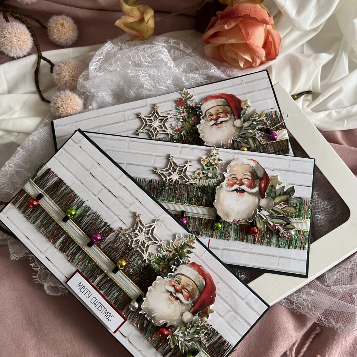 luxury Santa's  Lighted Cher-Pack of 3  Christmas Cards