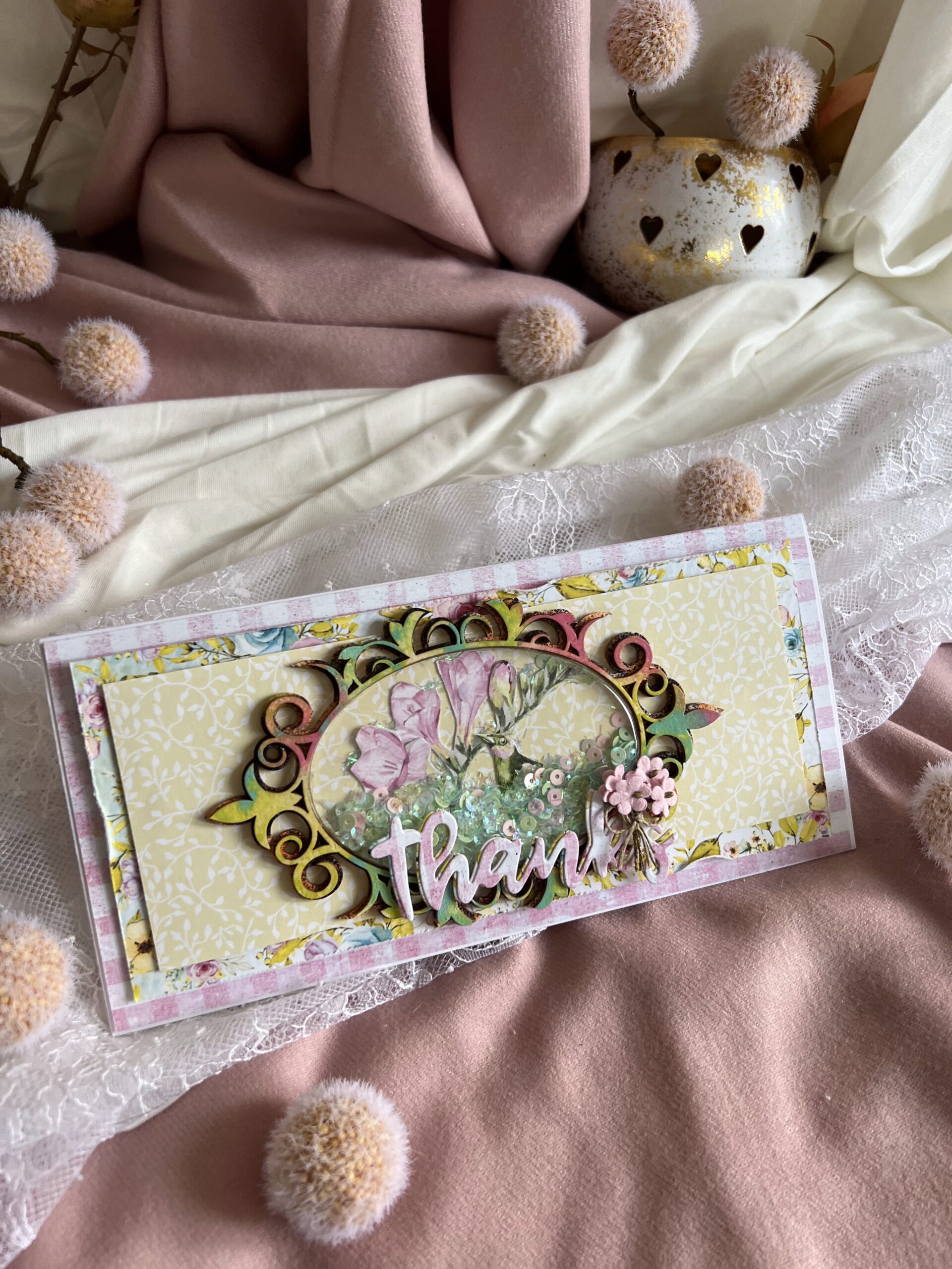 Luxury Sparkling Thank You ,Shaker Card with  Elegant Frame.