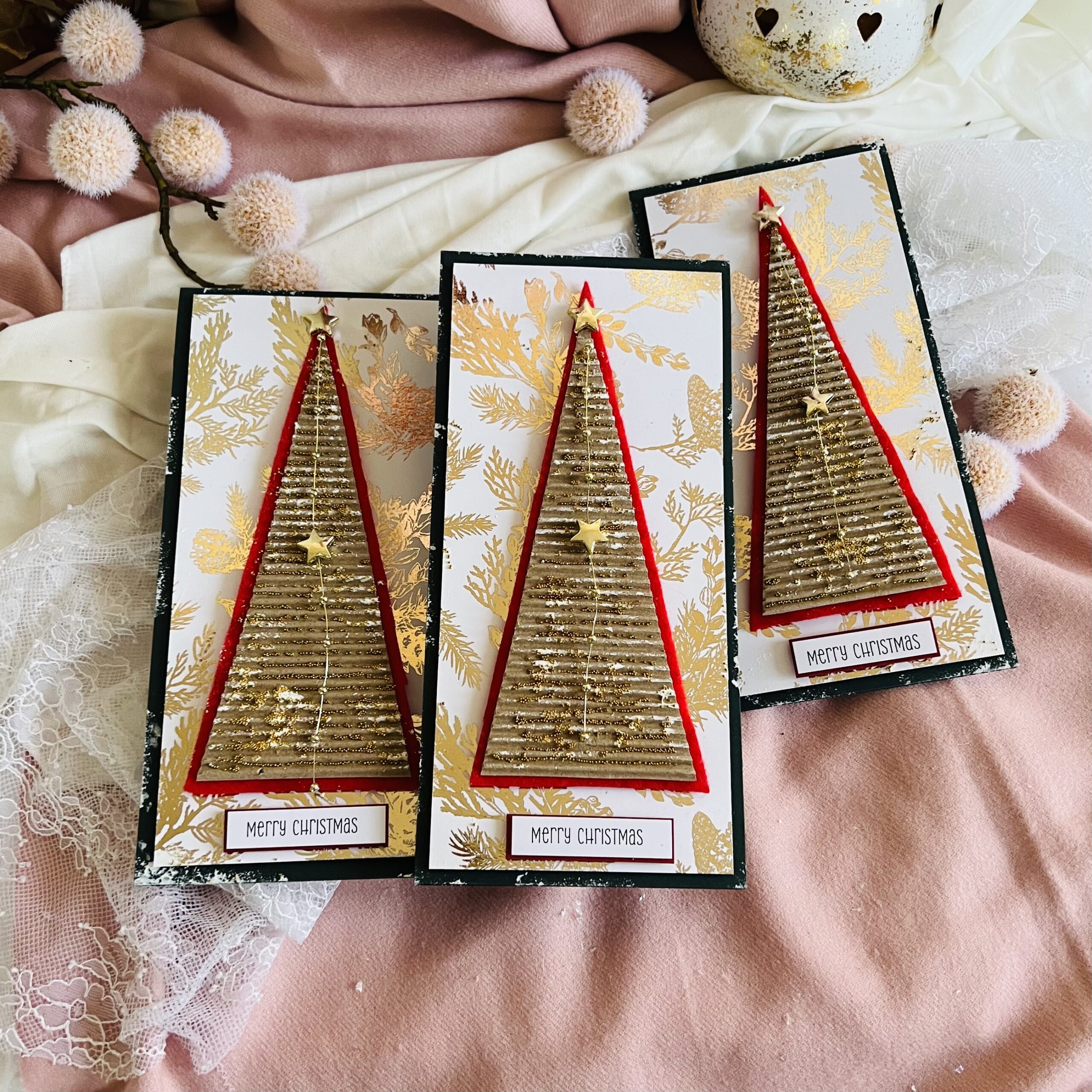 IMG_4726 Artistic Set of 3 Christmas Cards – Red & Gold Trees in Box