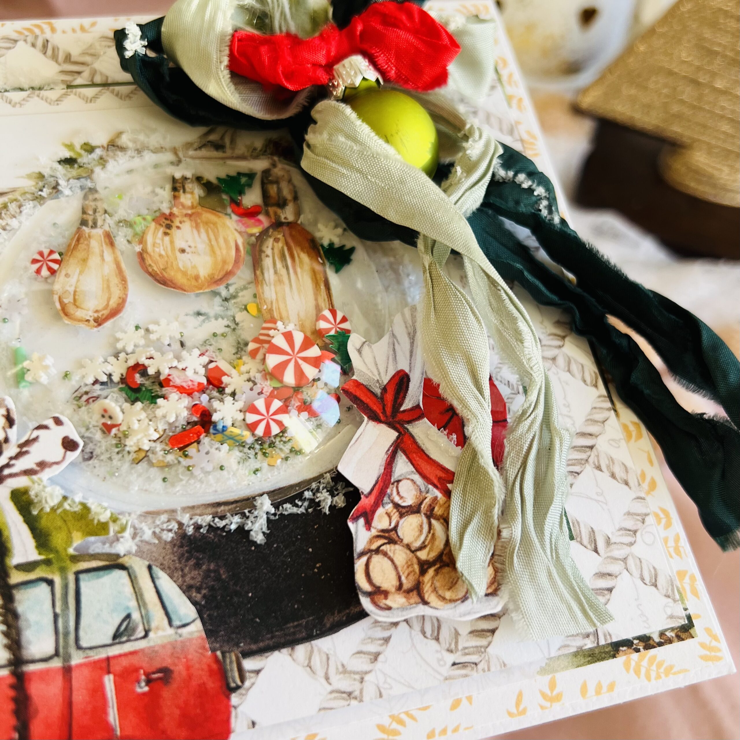 Artistic Christmas Card with Red Car and Tree Shaker