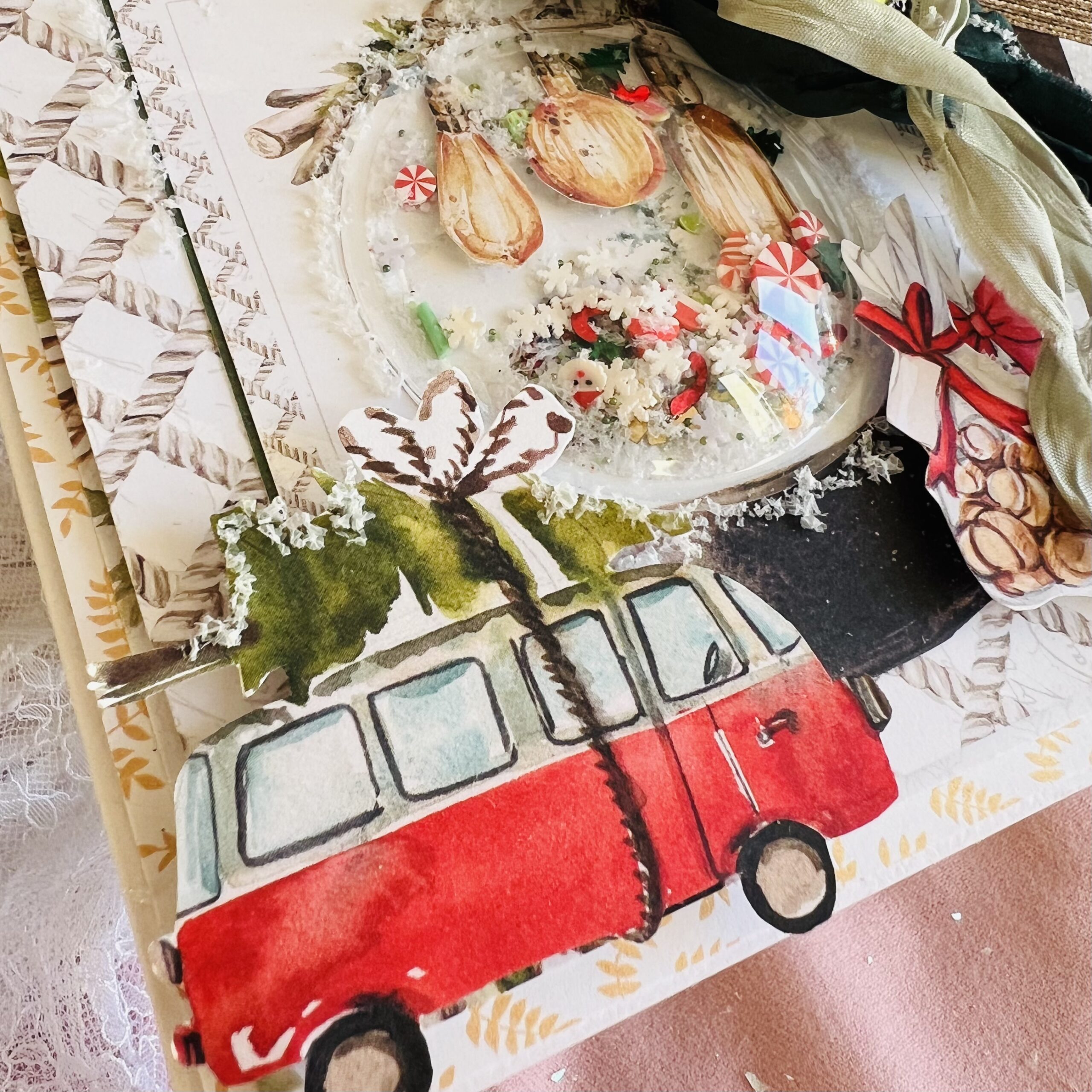 Artistic Christmas Card with Red Car and Tree Shaker