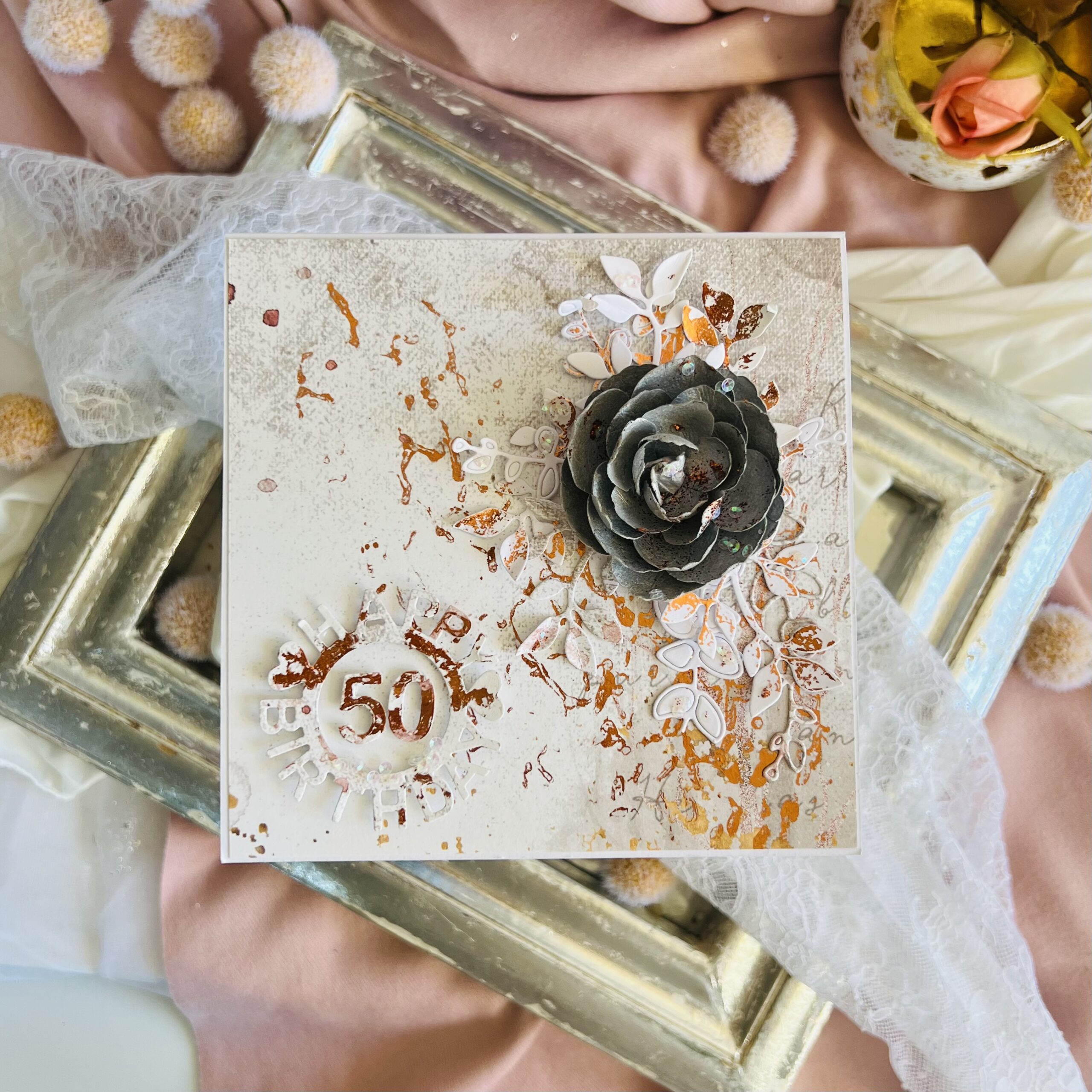 Luxury 50th Birthday Card – Gold, White, and Grey Floral Design