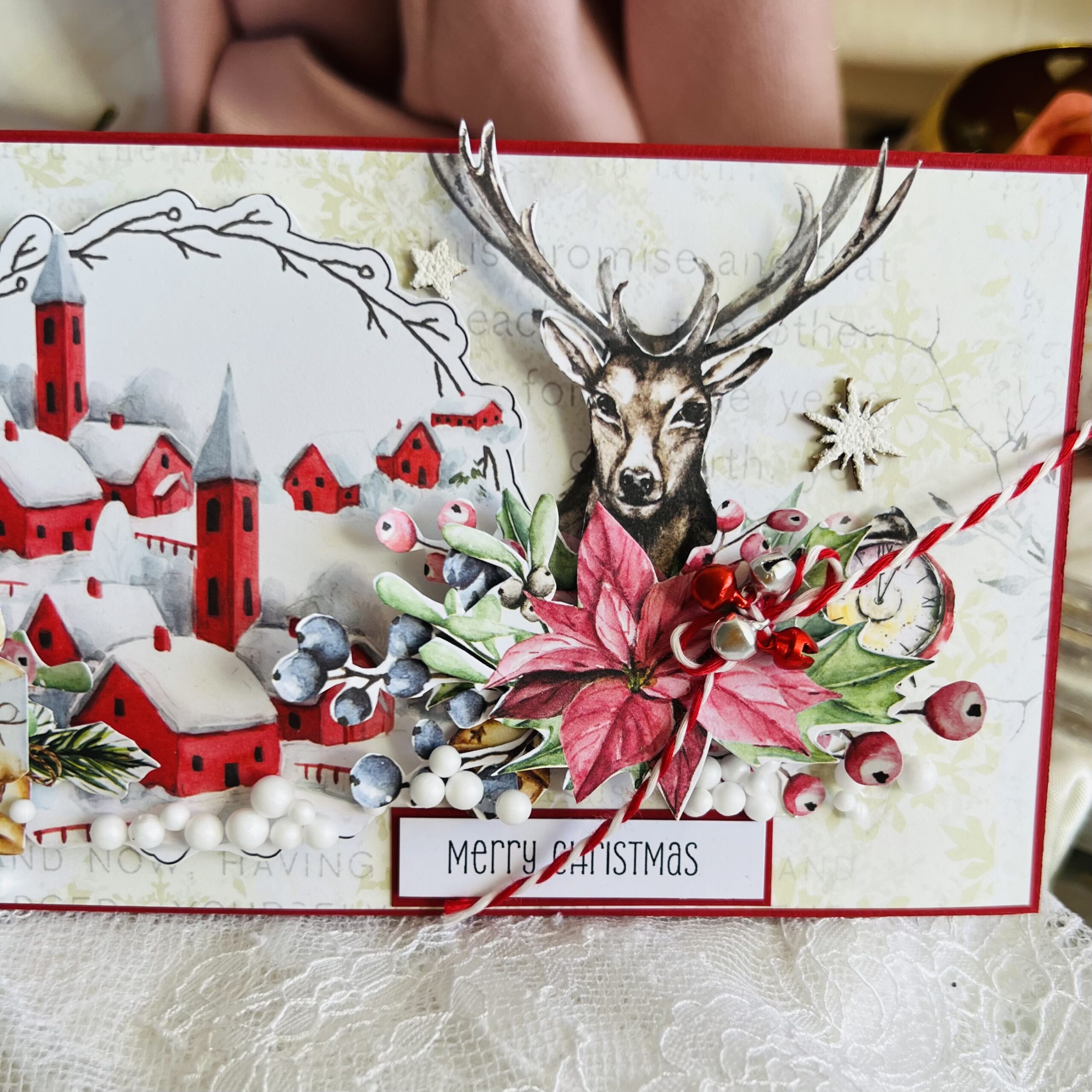 Luxury  Handmade Christmas Card – Reindeer in Winter Village
