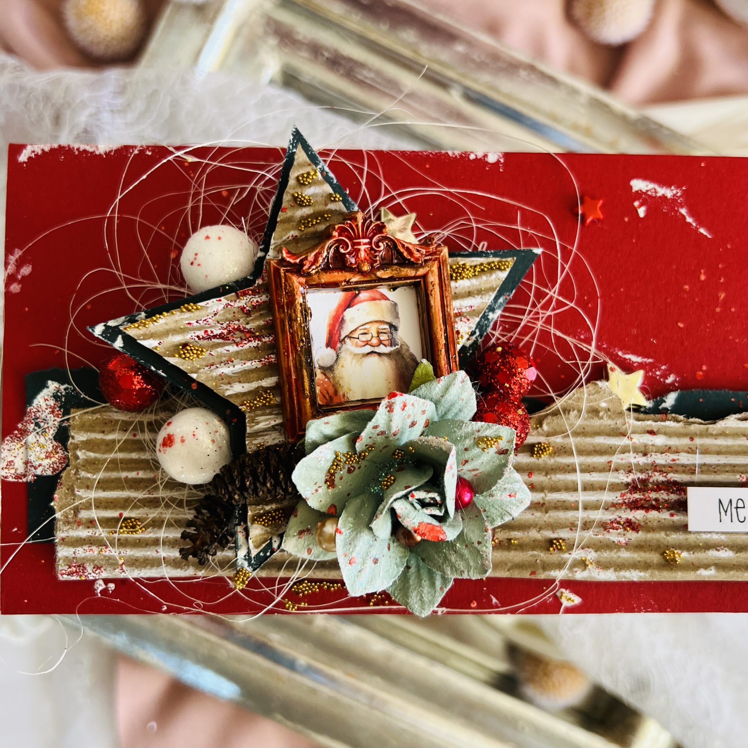 Artistic Handcrafted Christmas Card with Paper Star and Santa