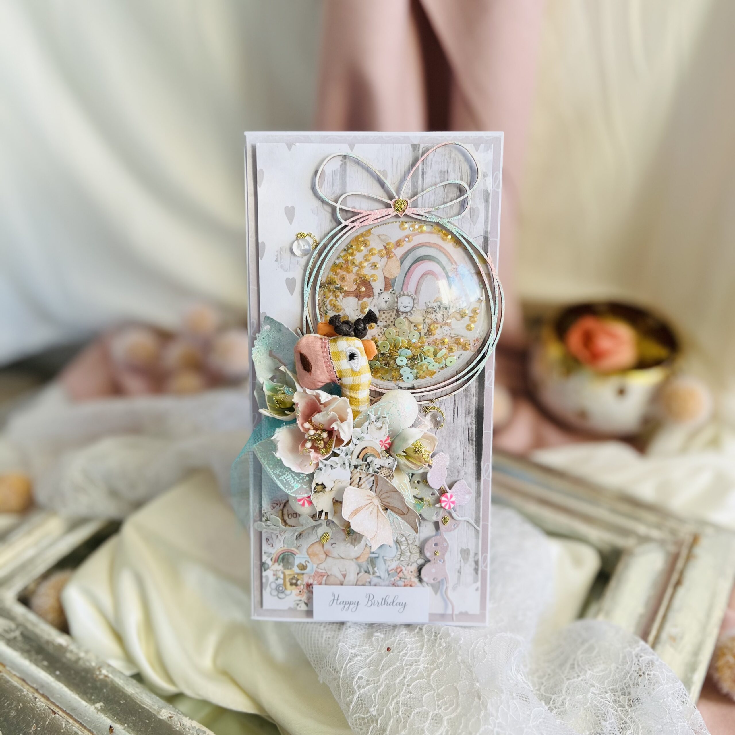 Luxury Pastel Greeting Card for a Girl with Green Bow