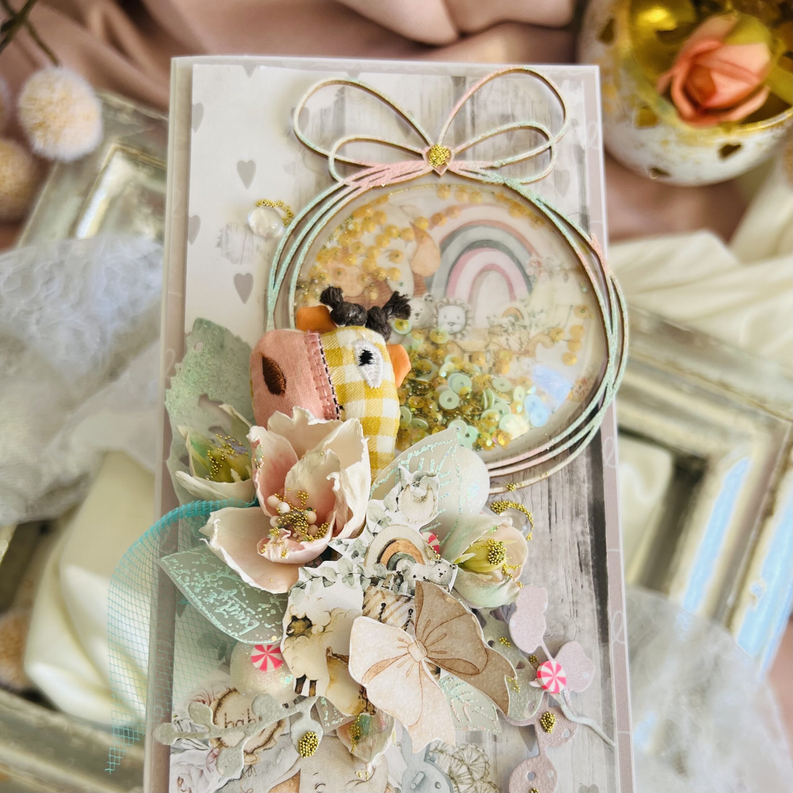 Luxury Pastel Greeting Card for a Girl with Green Bow