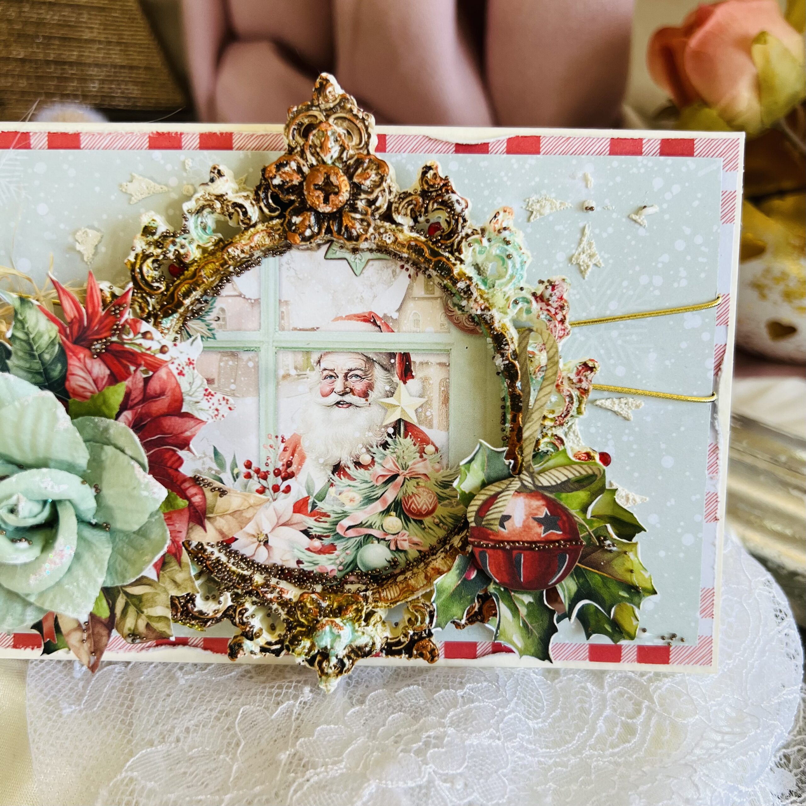 Artistic Mint and Red Christmas Card with Santa and Snow