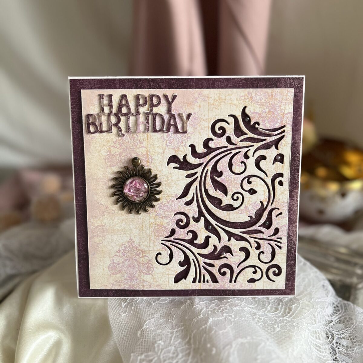 Luxury Vintage Birthday Card with Antique Photo Pendant