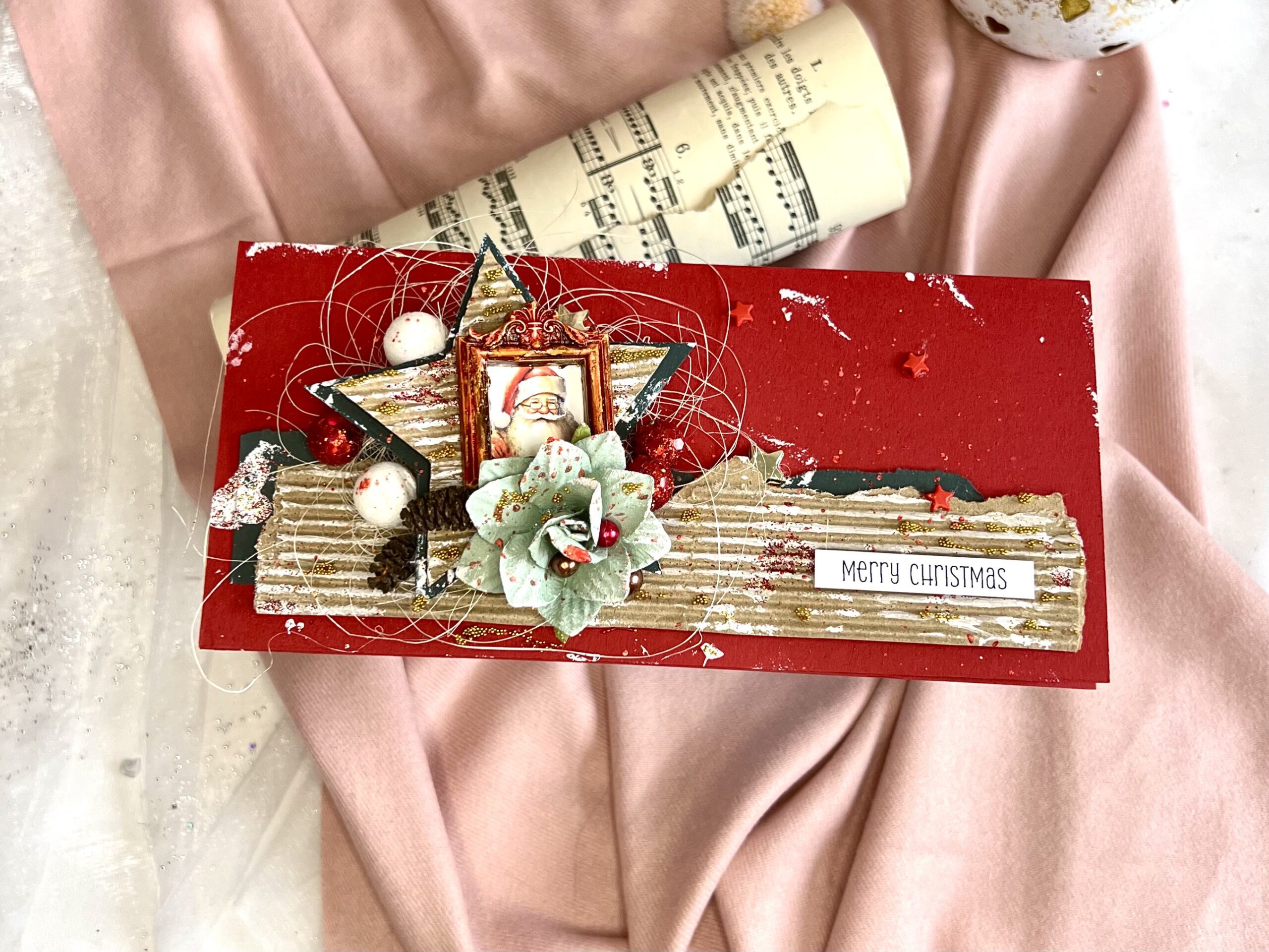 Artistic Handcrafted Christmas Card with Paper Star and Santa