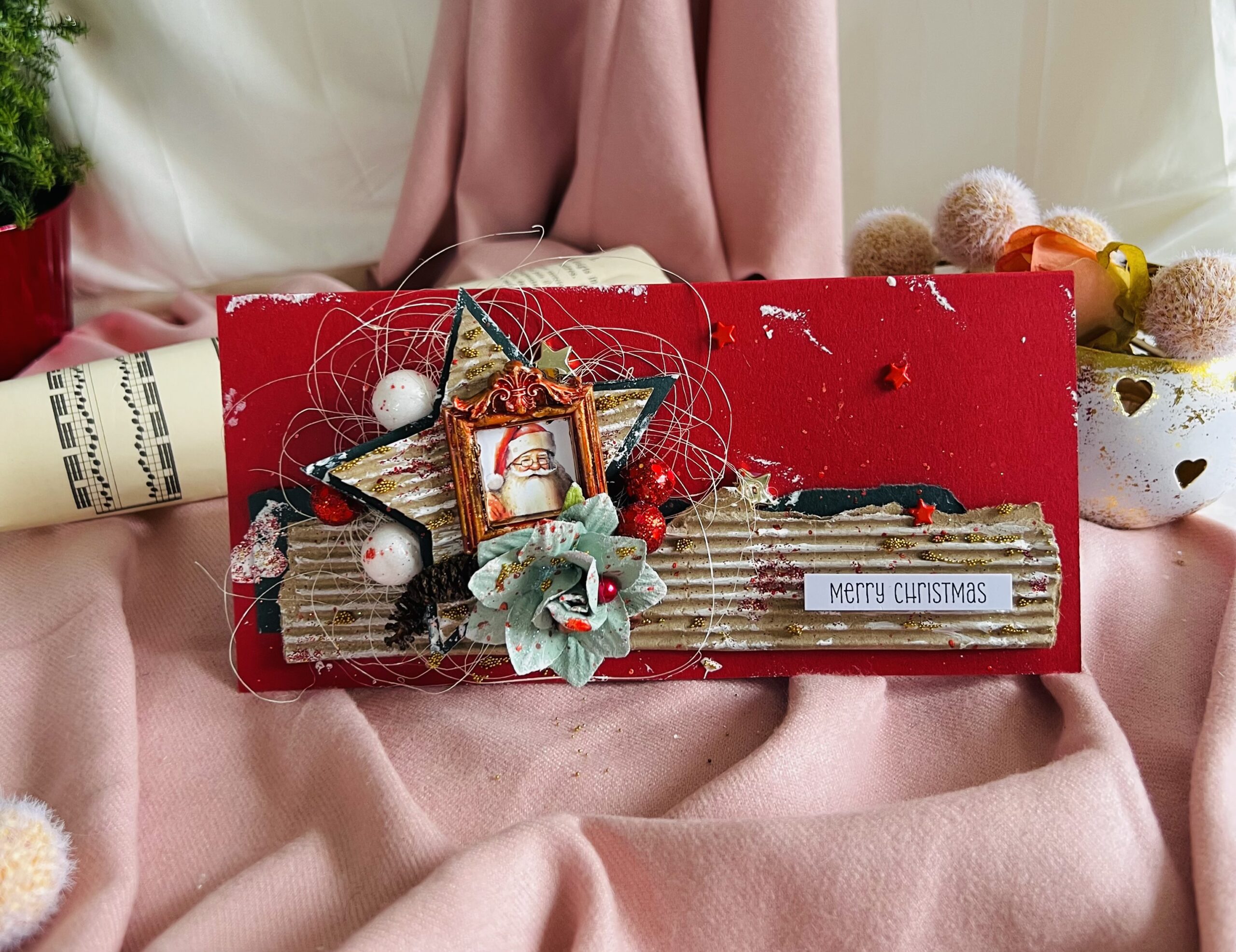 Artistic Handcrafted Christmas Card with Paper Star and Santa