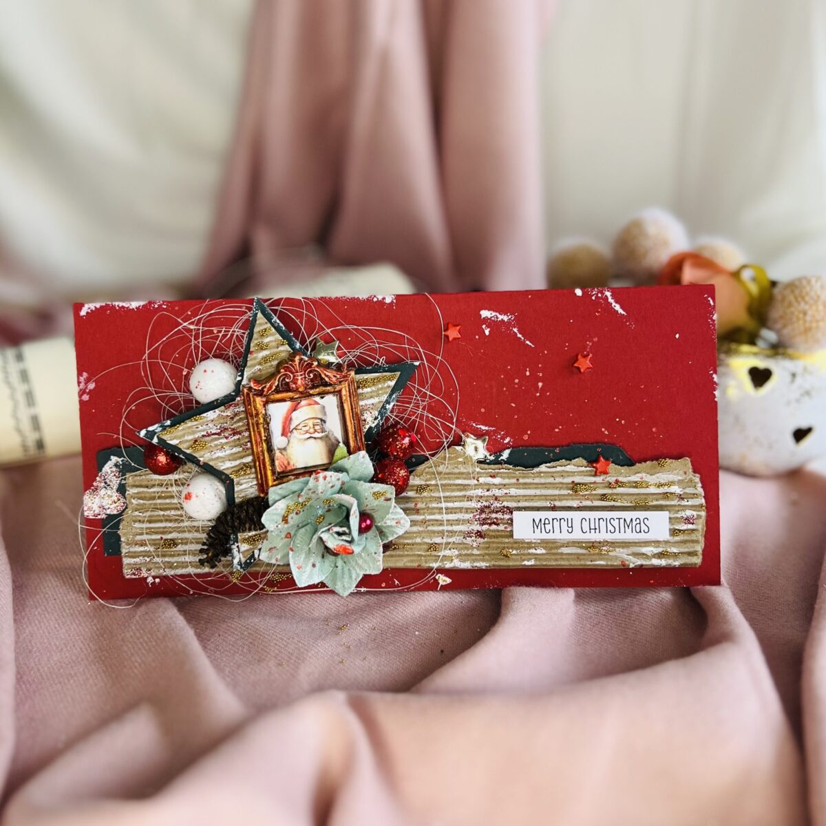 Artistic Handcrafted Christmas Card with Paper Star and Santa