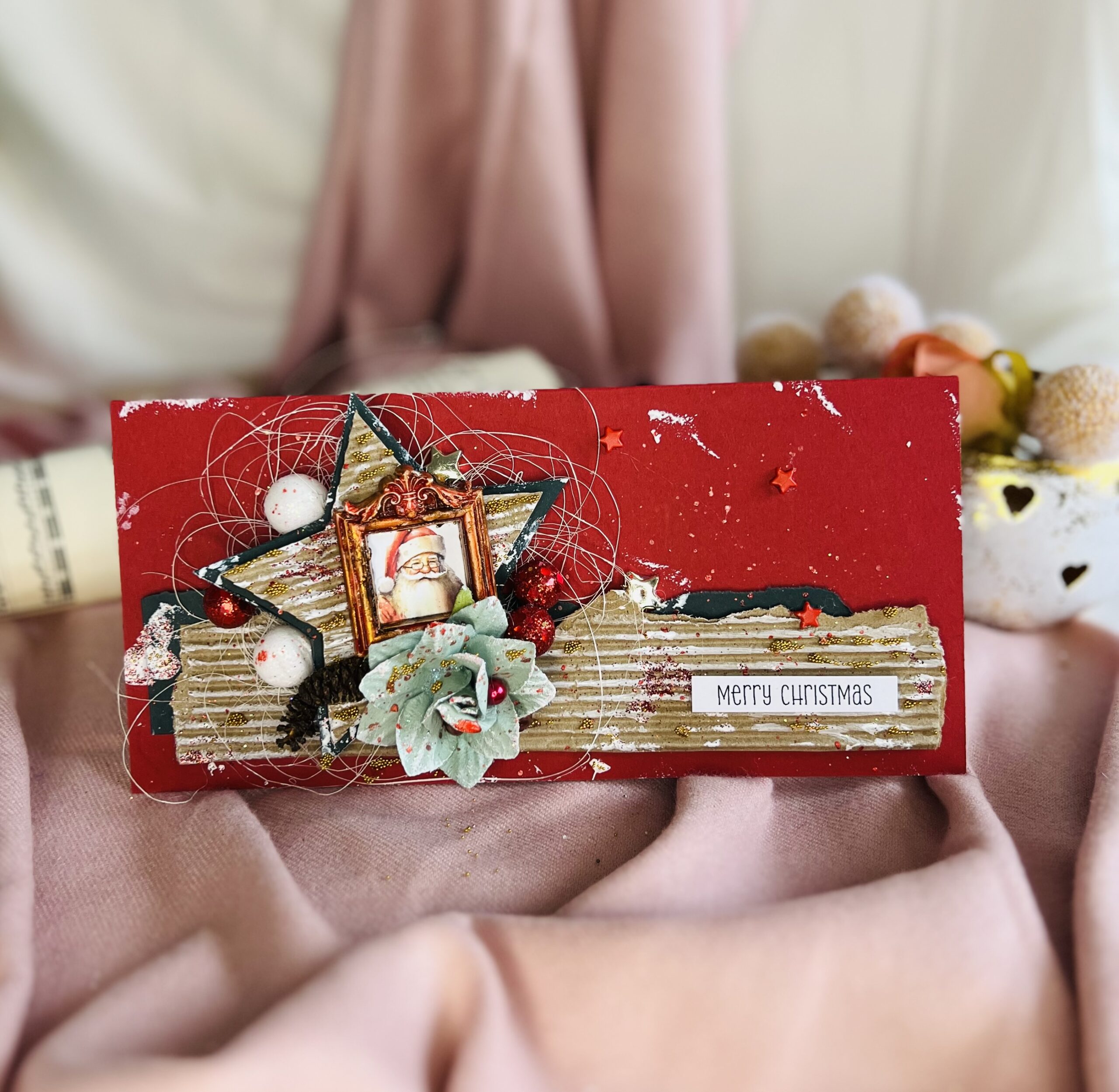 Artistic Handcrafted Christmas Card with Paper Star and Santa