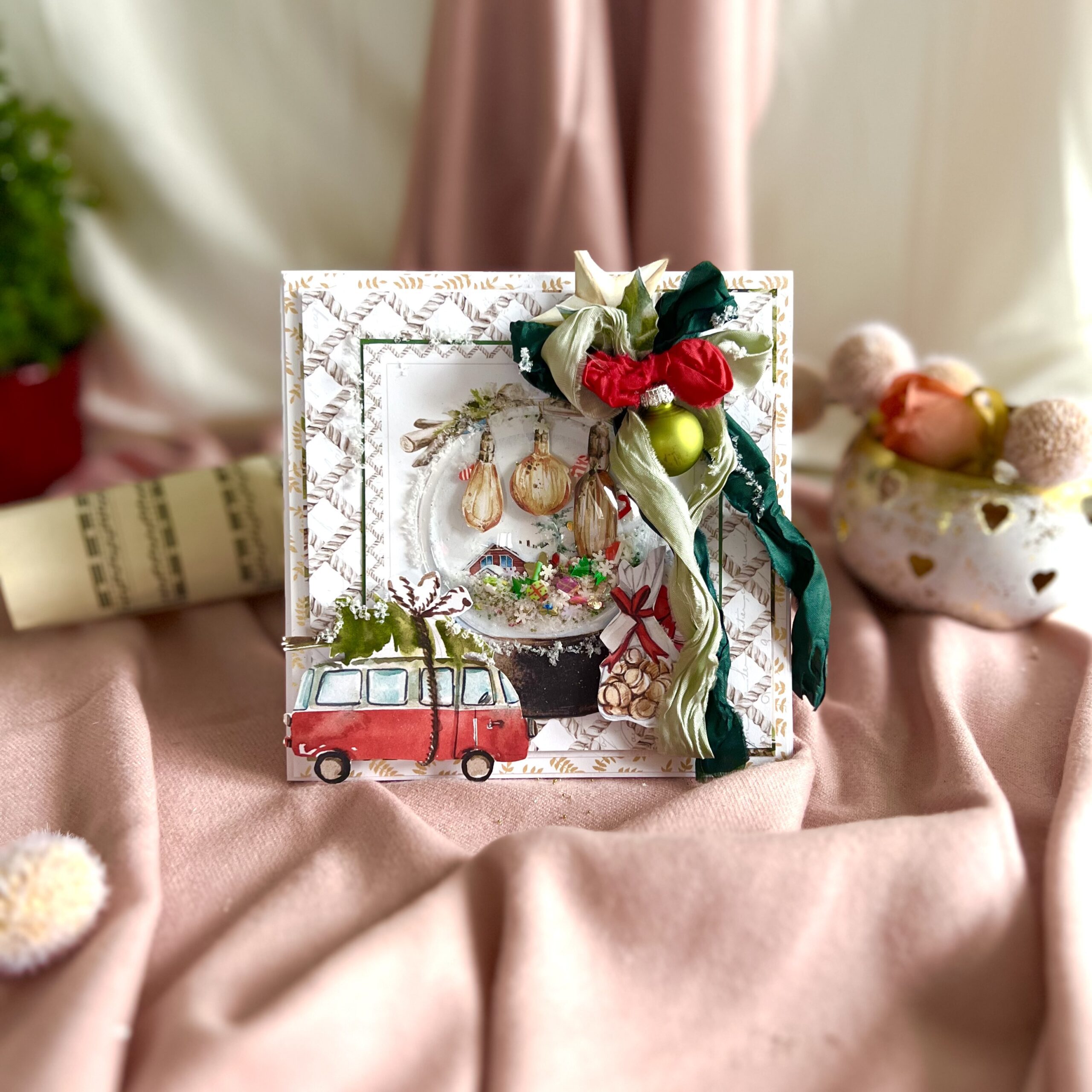 Artistic Christmas Card with Red Car and Tree Shaker