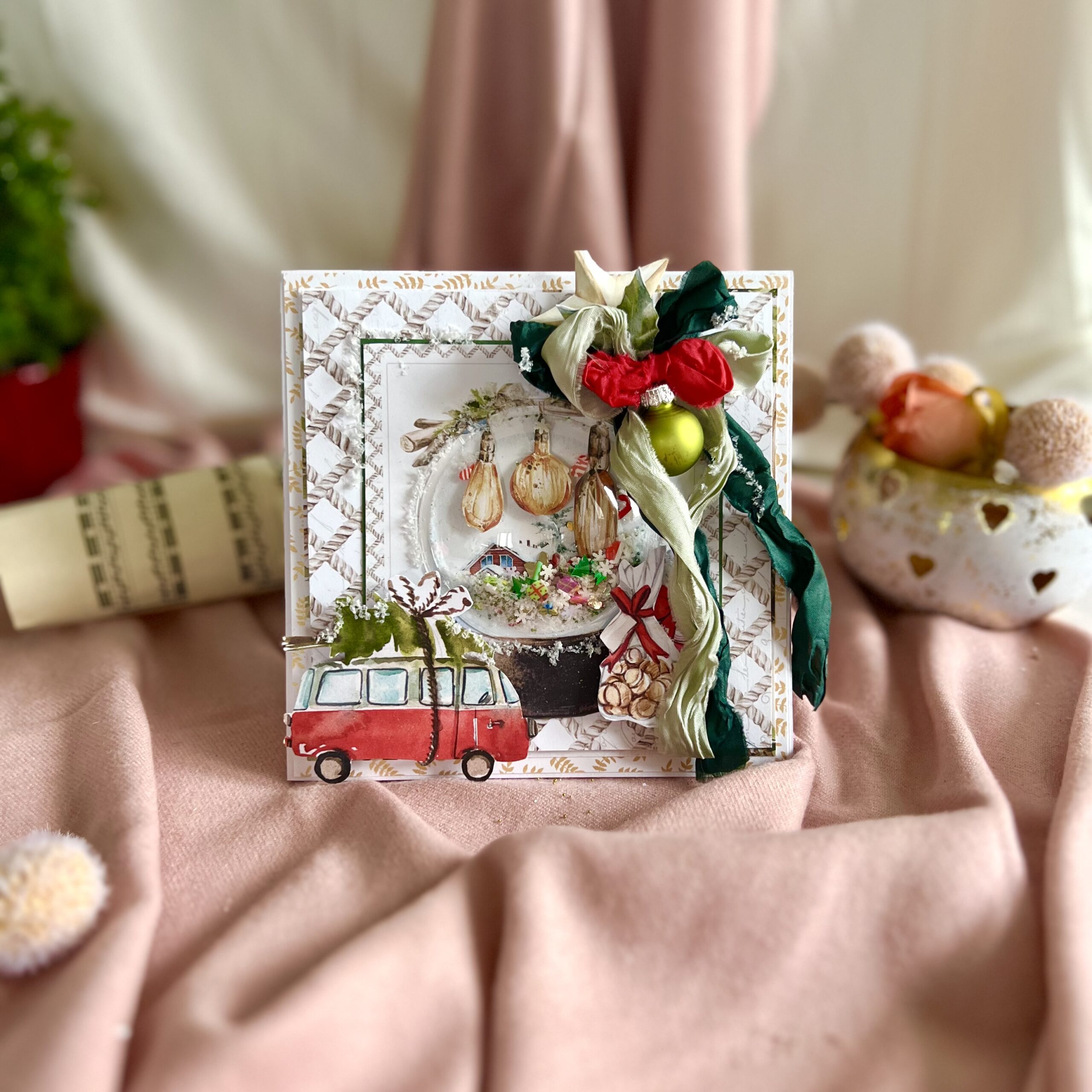 Artistic Christmas Card with Red Car and Tree Shaker