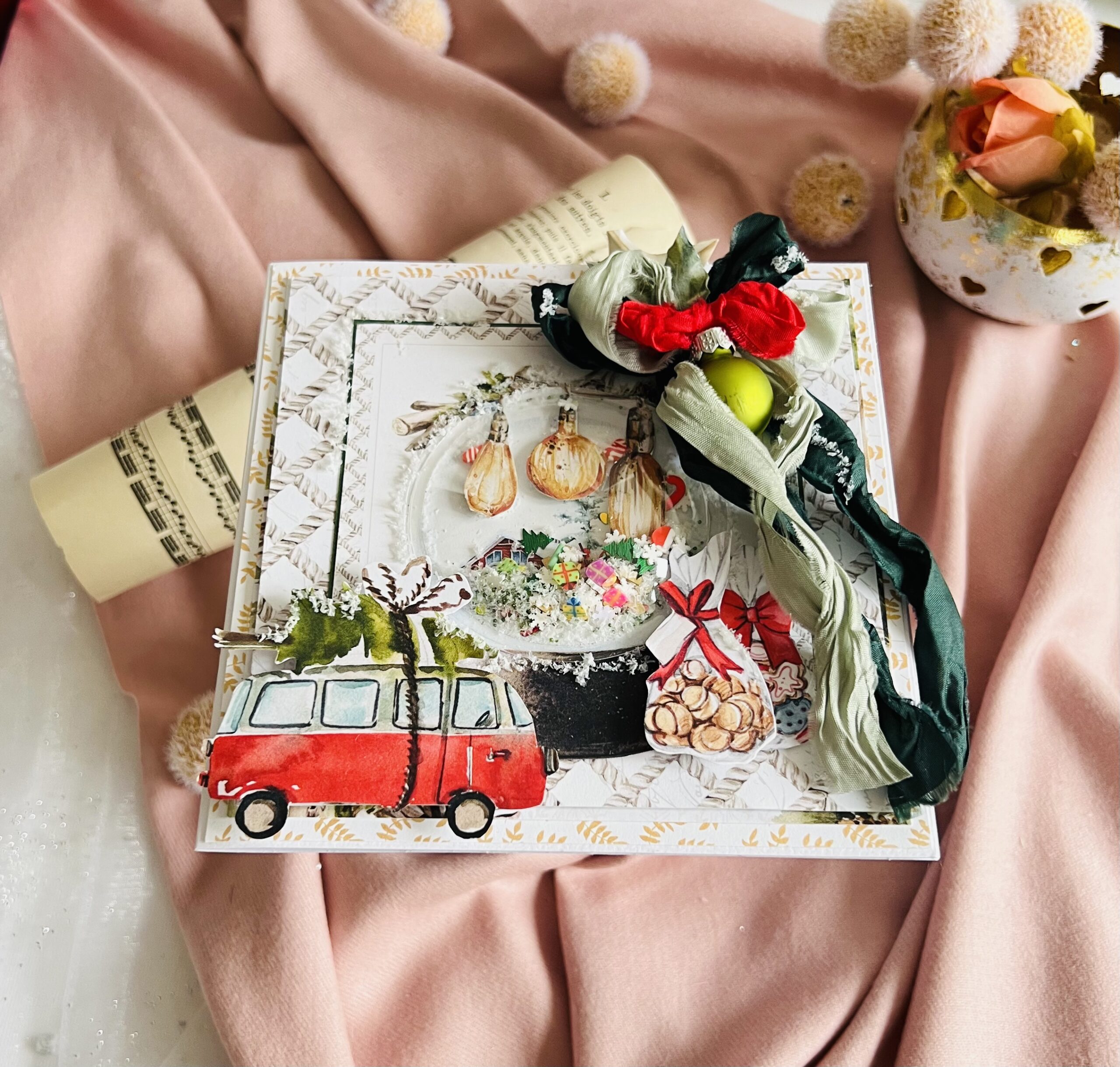 Artistic Christmas Card with Red Car and Tree Shaker