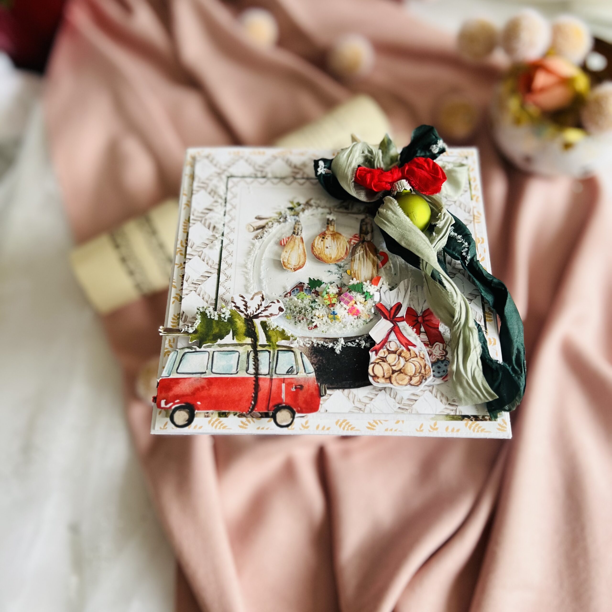 Artistic Christmas Card with Red Car and Tree Shaker