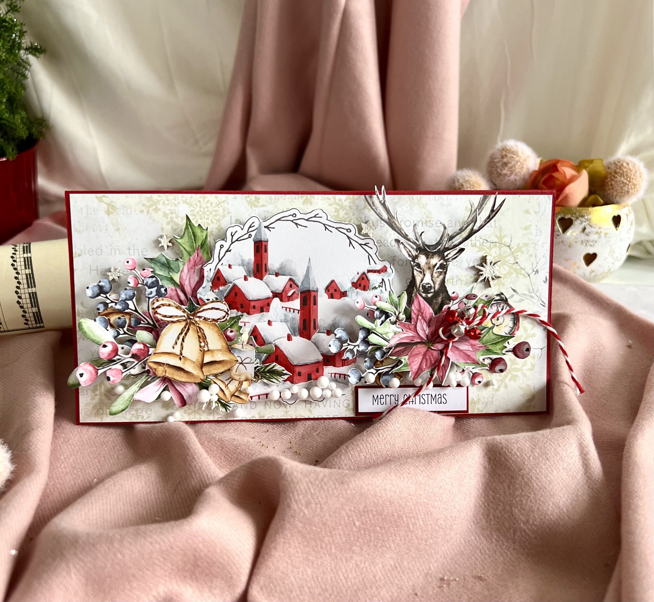 Luxury  Handmade Christmas Card – Reindeer in Winter Village