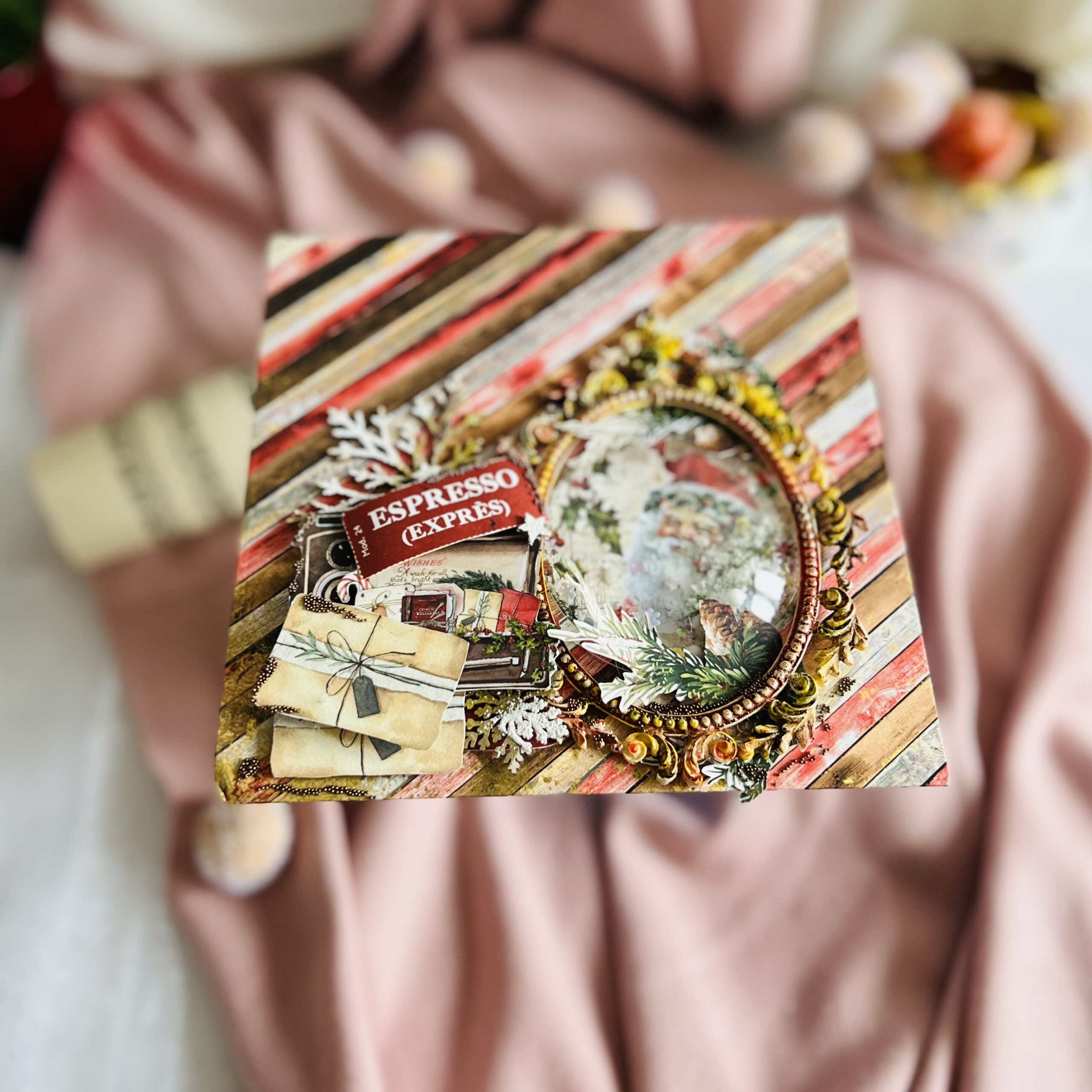 Luxury hand-decorated holiday envelope with elegant glitter accents and artistic desing