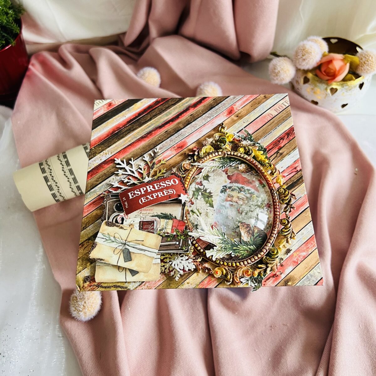 The envelope is in Christmas colors with a molded frame and Santa Claus.