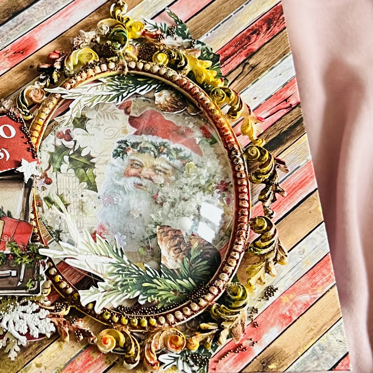 Close-up of glitter accents on a luxury artistic holiday envelope