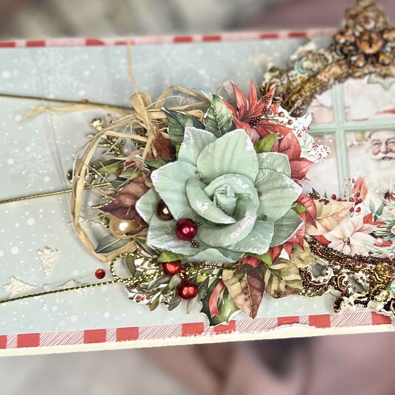 Mint and red handmade Christmas card featuring Santa Claus ,and matching decorative elements