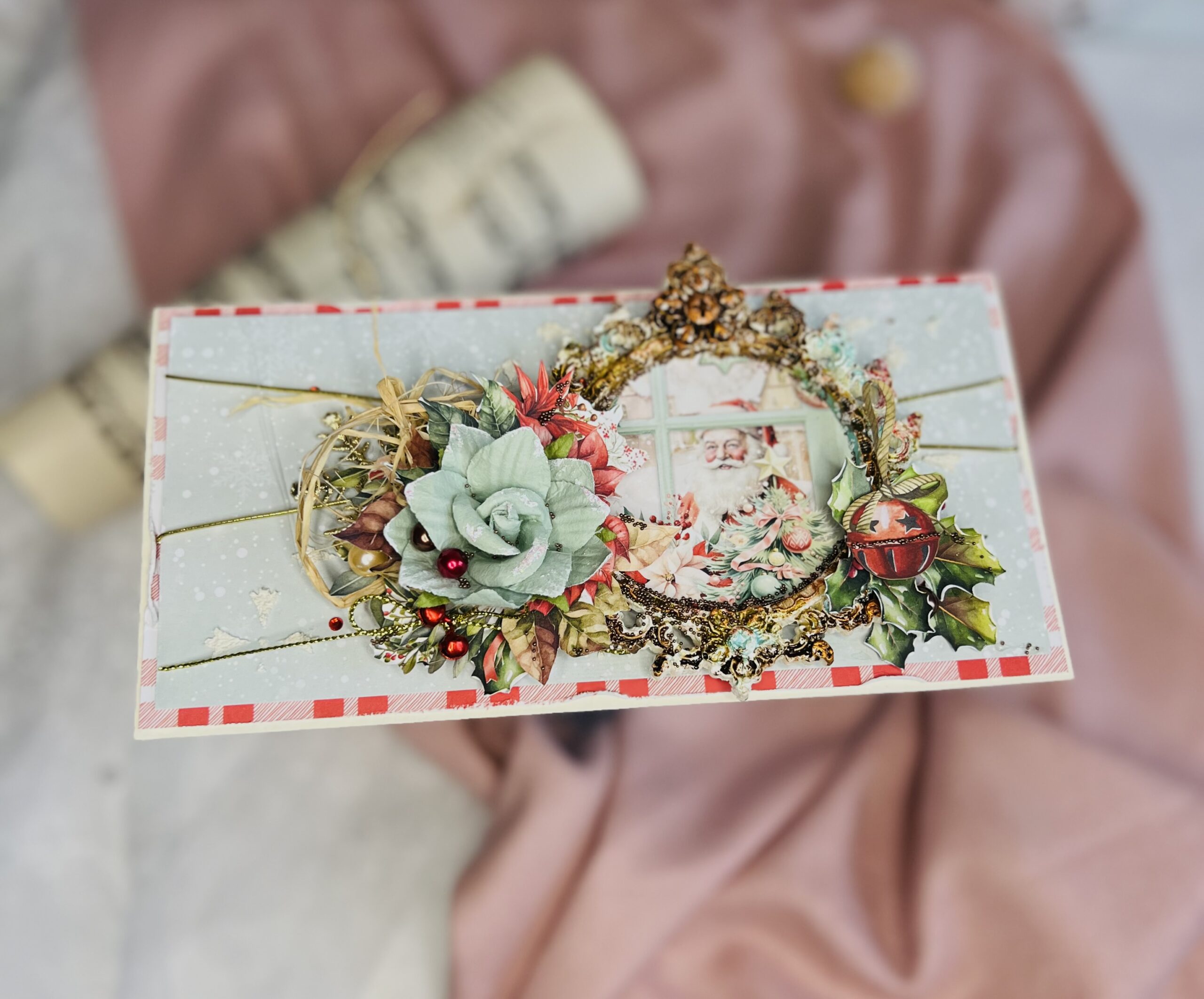 Artistic Mint and Red Christmas Card with Santa and Snow