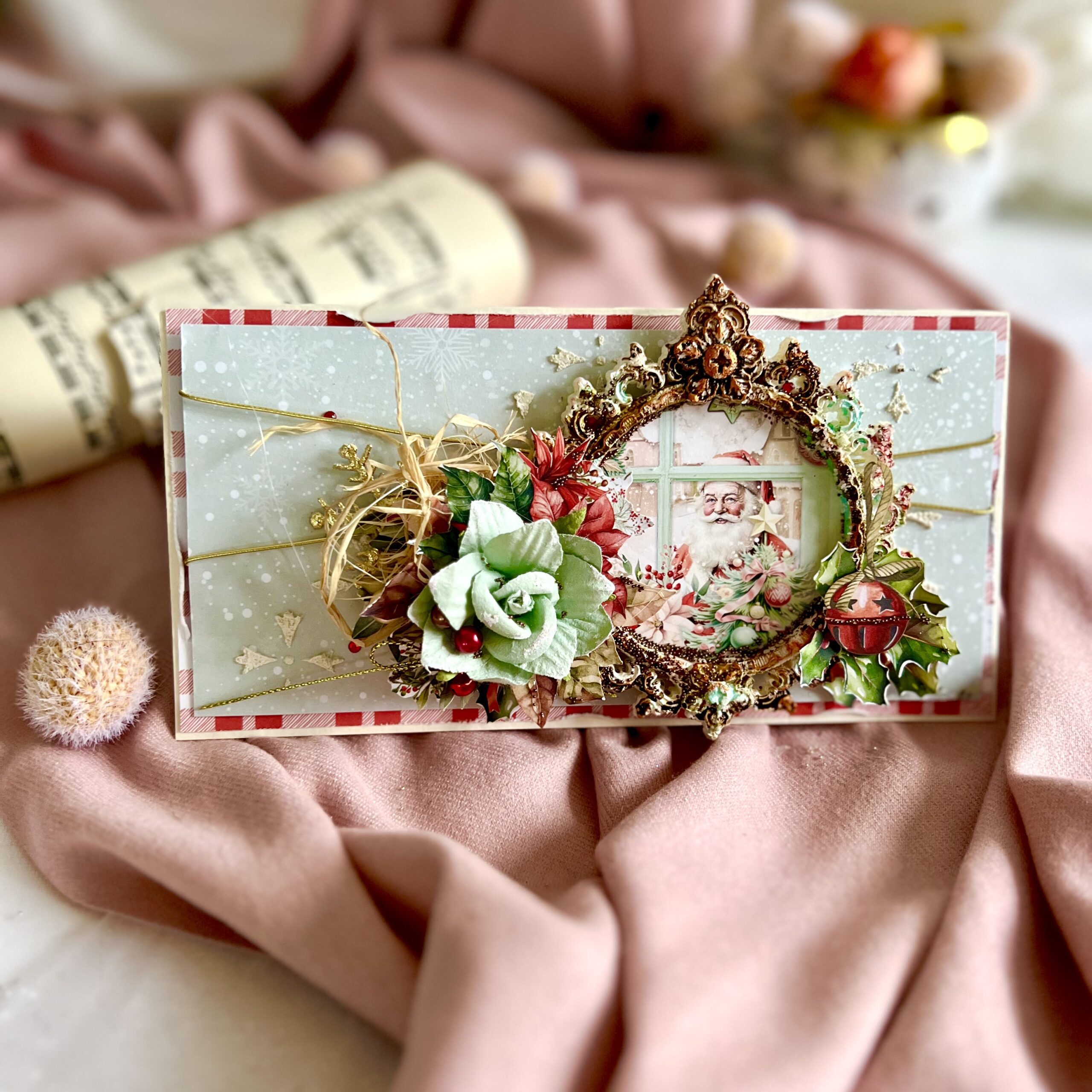 Mint flower and frame with Santa Claus A card with a frame made of a mold painted in Christmas colors