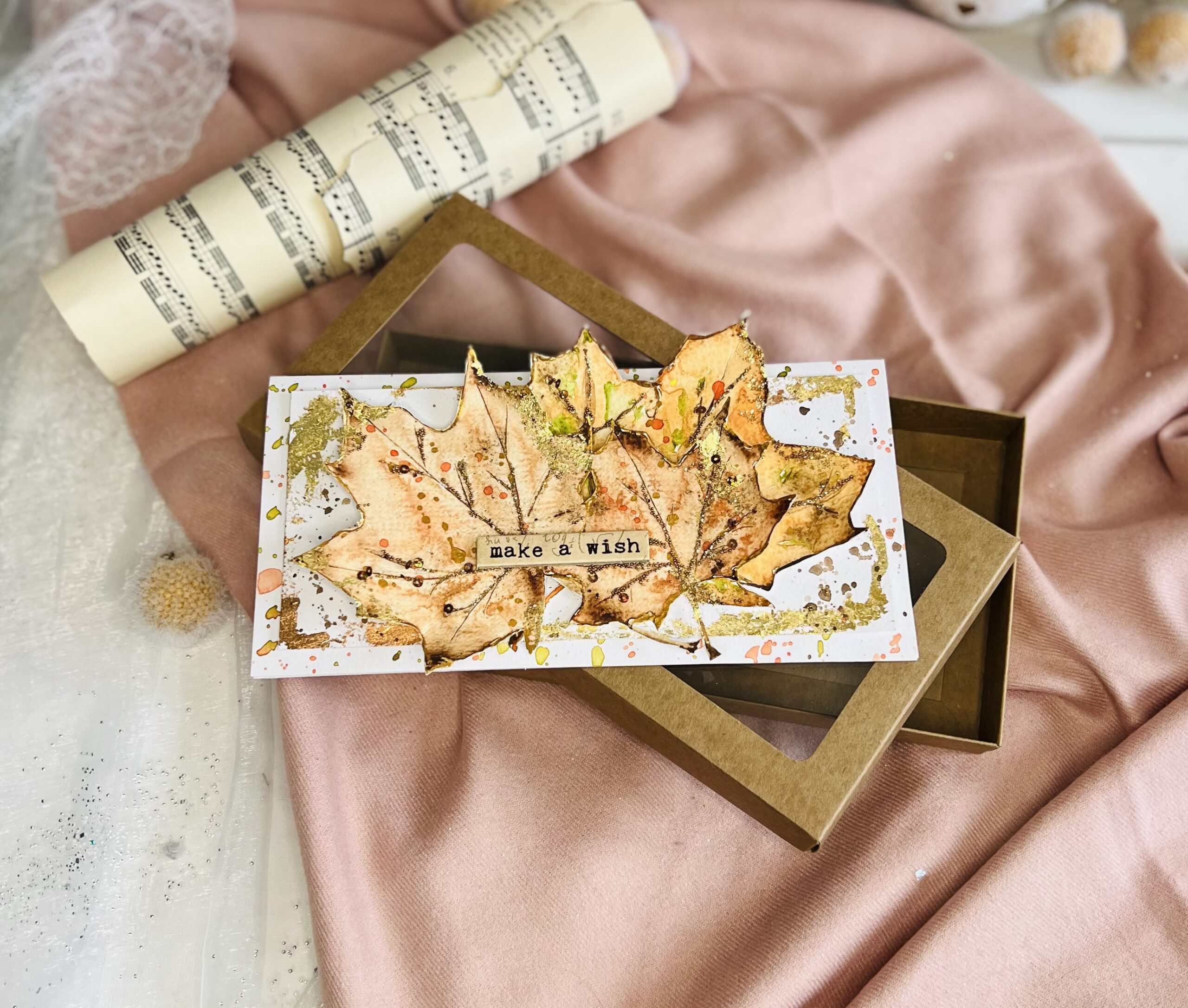 Close-up of colorful autumn leaves desing on a handmade card