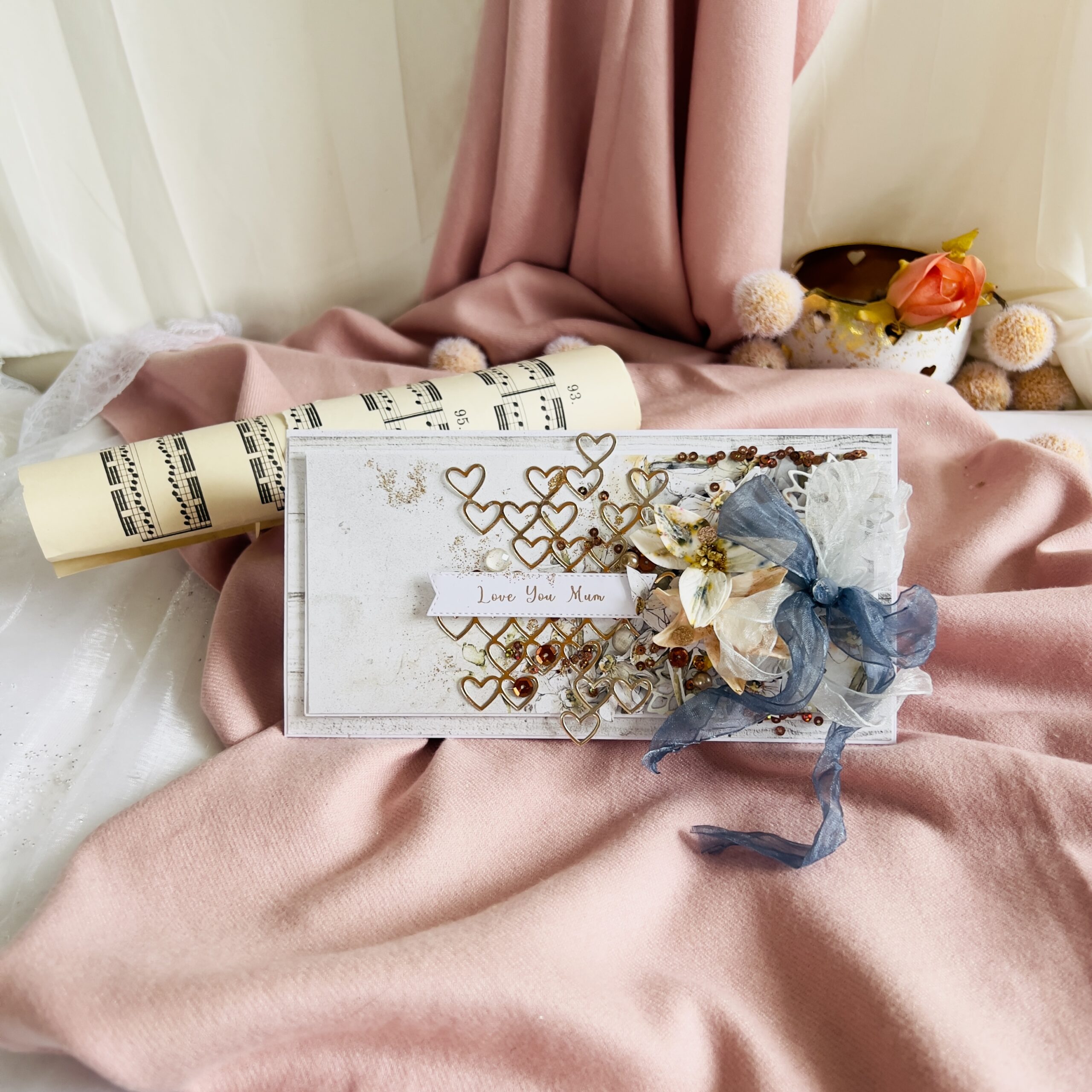 IMG_6434 Artistic Handmade Mother's Day Card – Ribbon with Golden Hearts