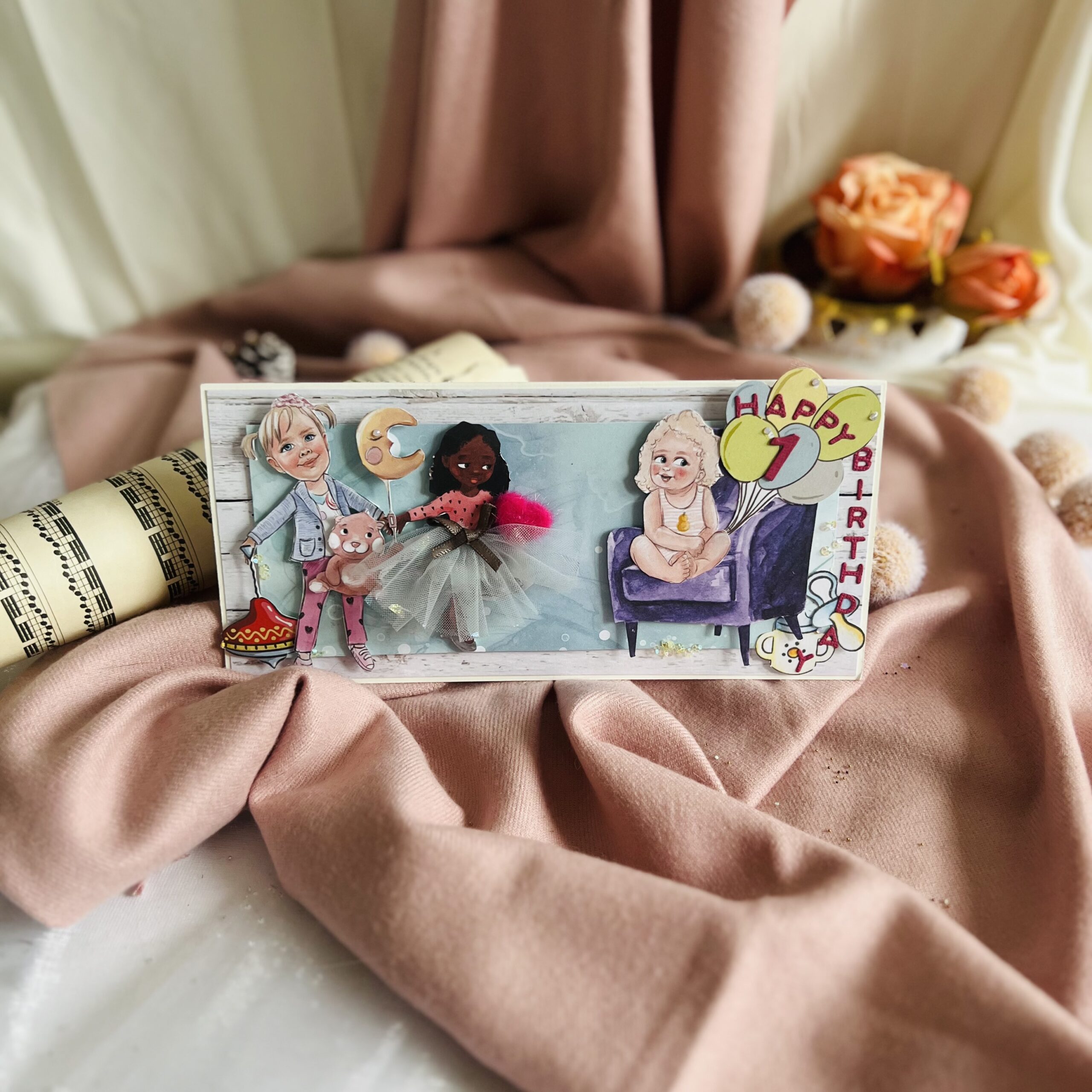 IMG_6982 Luxury 1st Birthday Card for a Girl – Multicultural Children with Gift