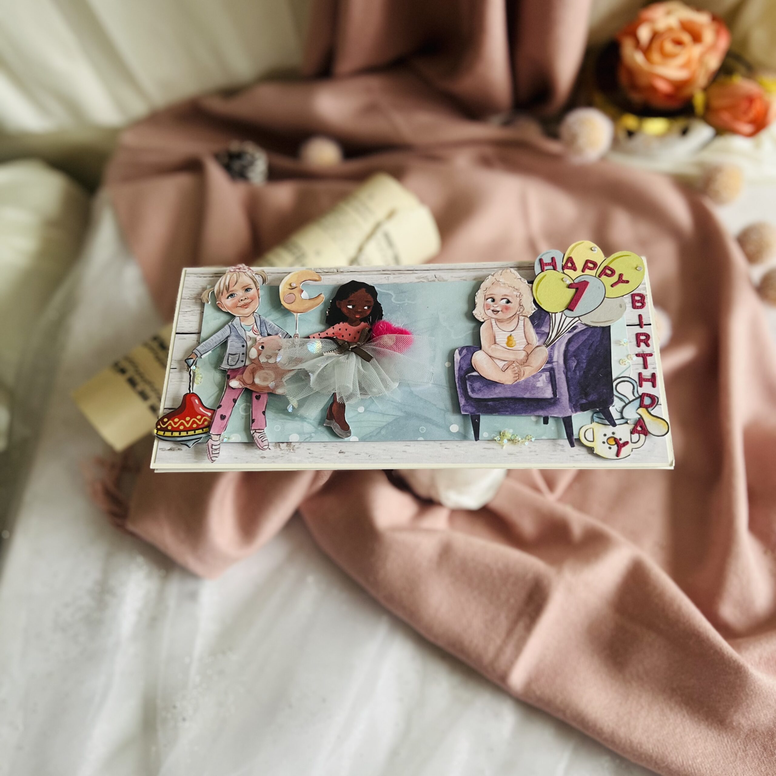 IMG_6994 Luxury 1st Birthday Card for a Girl – Multicultural Children with Gift