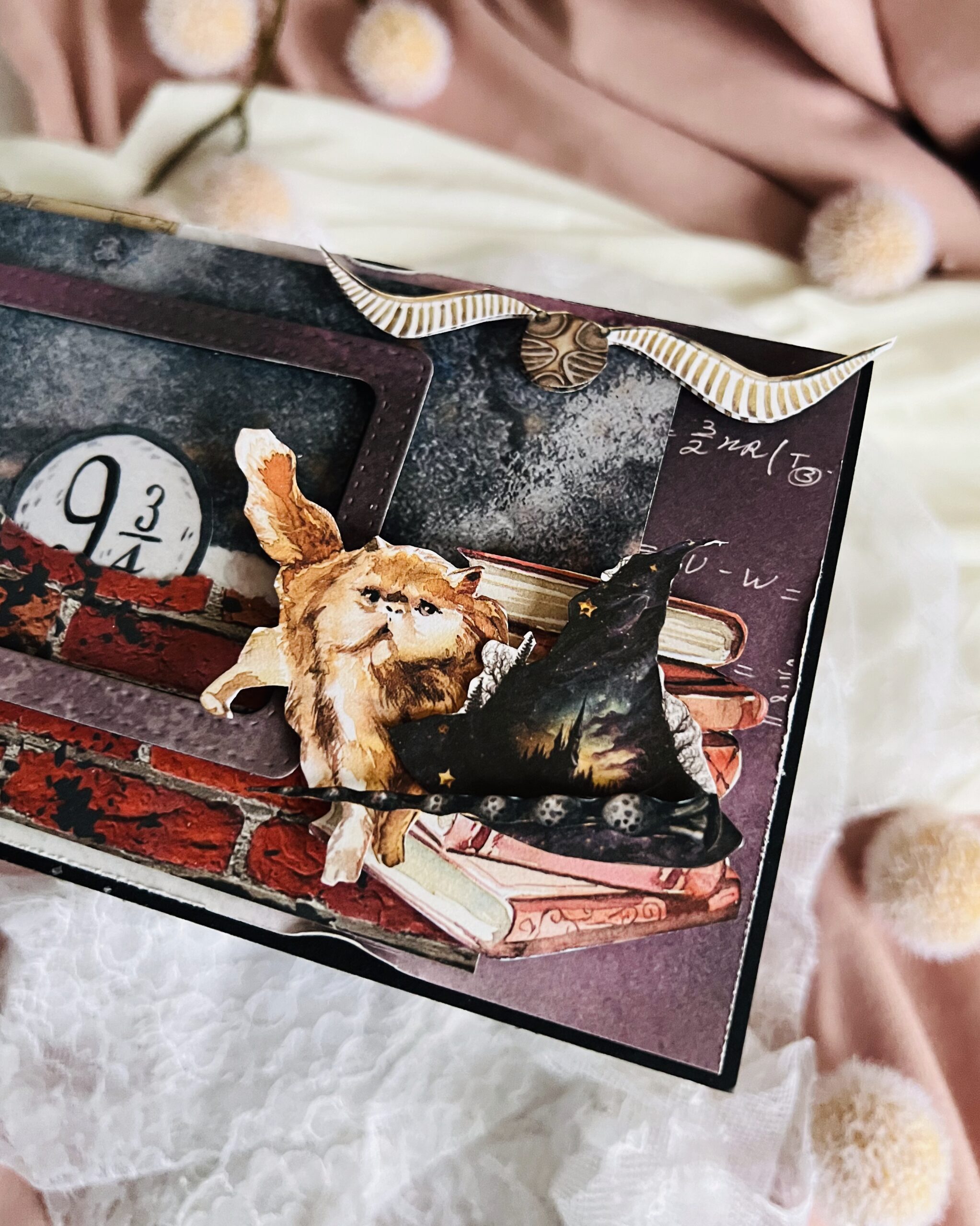 Artistic Handmade DL-Size Card – Magical Owl and 9 3/4 Design