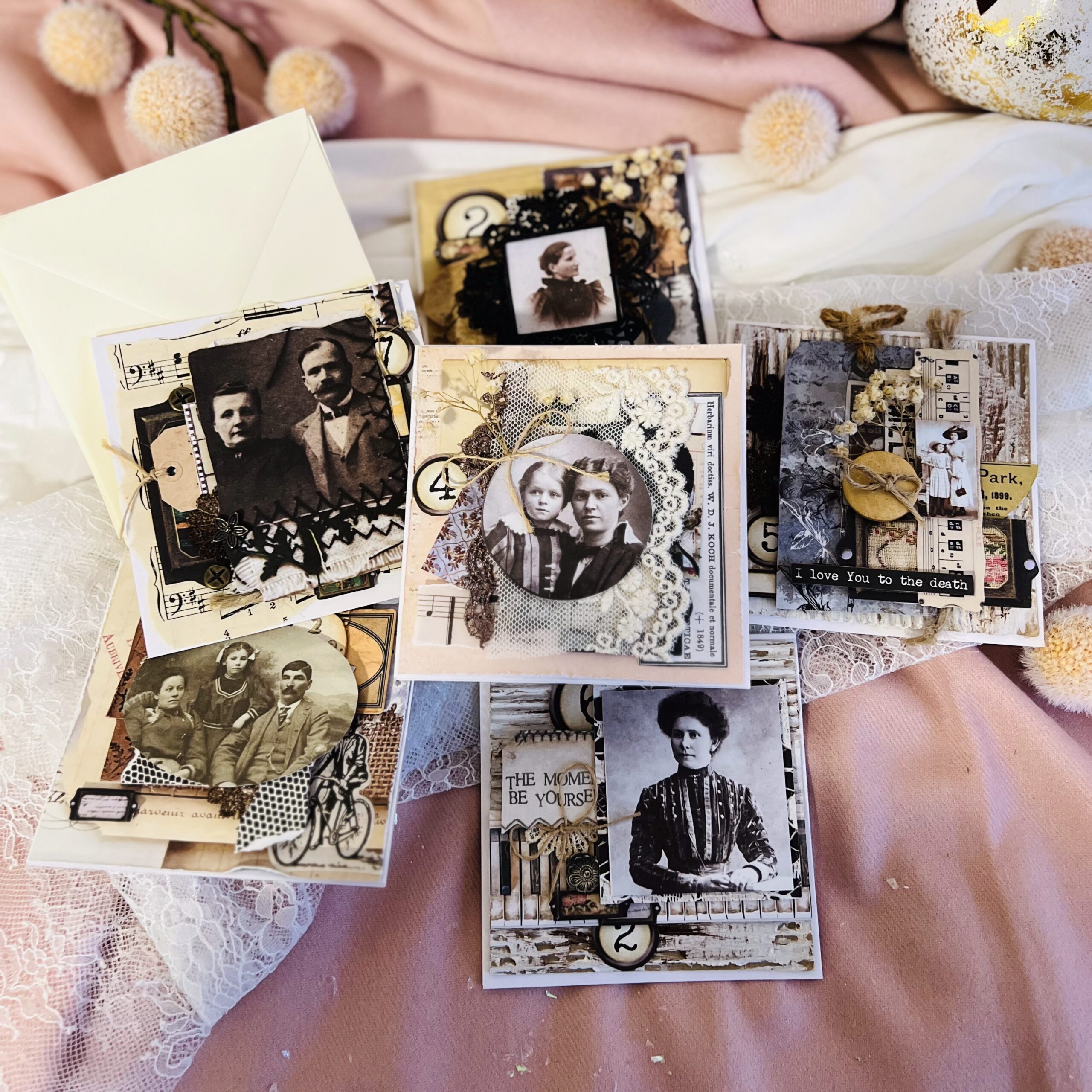 IMG_E4694 Set of 6 Artistic Vintage Cards-Black and White Photos with Lace.