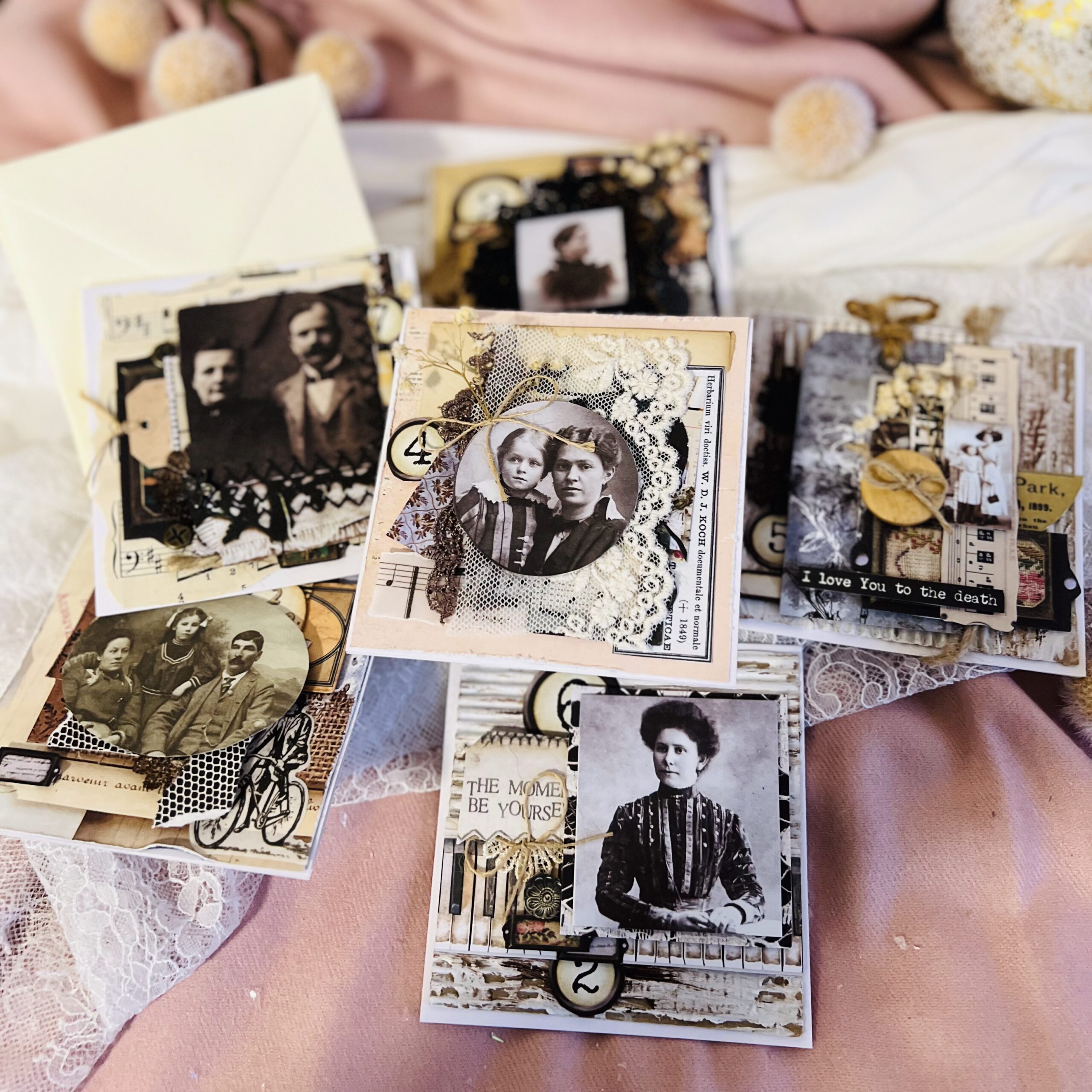 IMG_E4695 Set of 6 Artistic Vintage Cards-Black and White Photos with Lace.