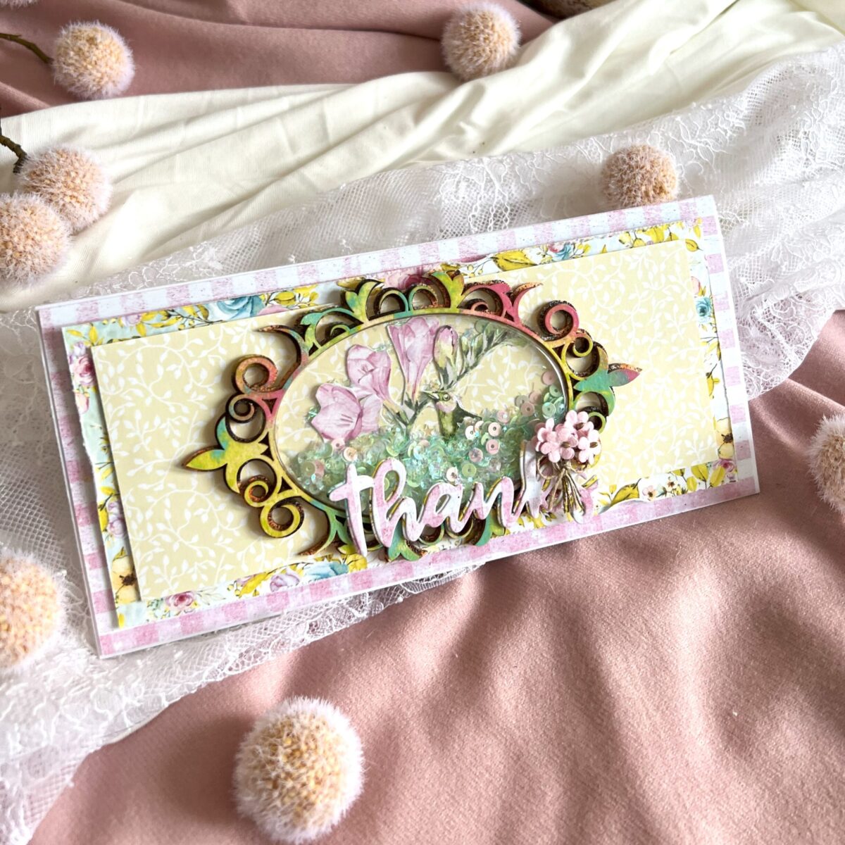 Luxury Sparkling Thank You ,Shaker Card with  Elegant Frame.