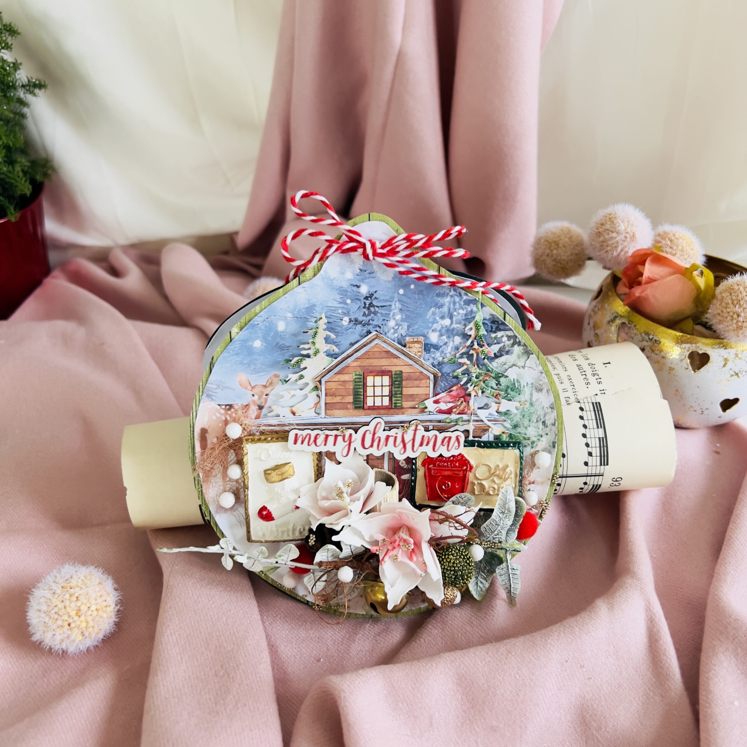 IMG_5819 Blue Bauble Christmas Card with Flowers and Wooden Greeting