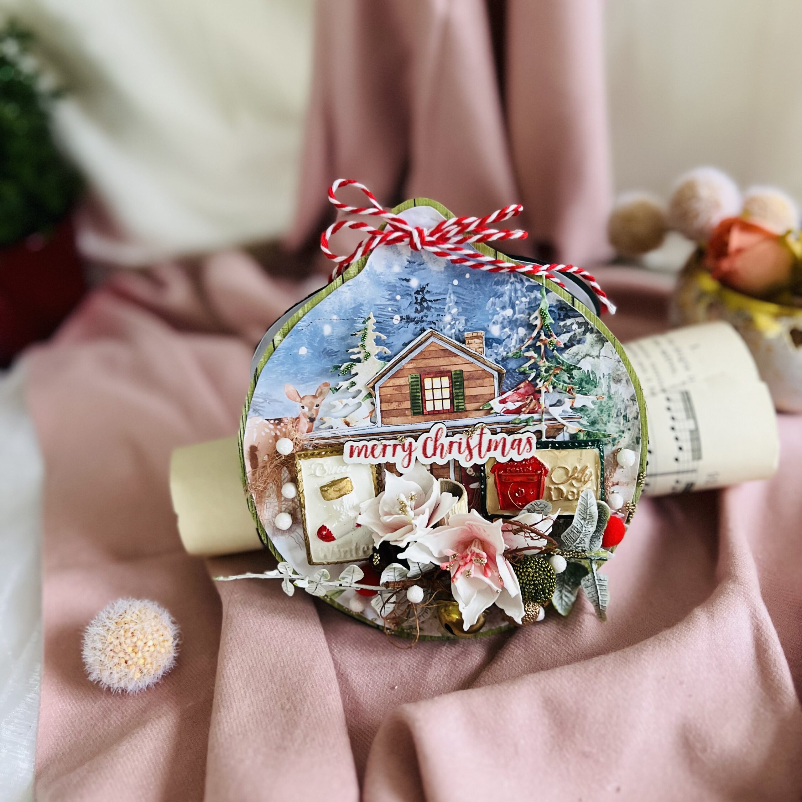 ROUND Christmas Card with Wooden merry Christmas sing Handmade blue bauble-shaped Christmas card with floral accents and wooden Merry christmas sing