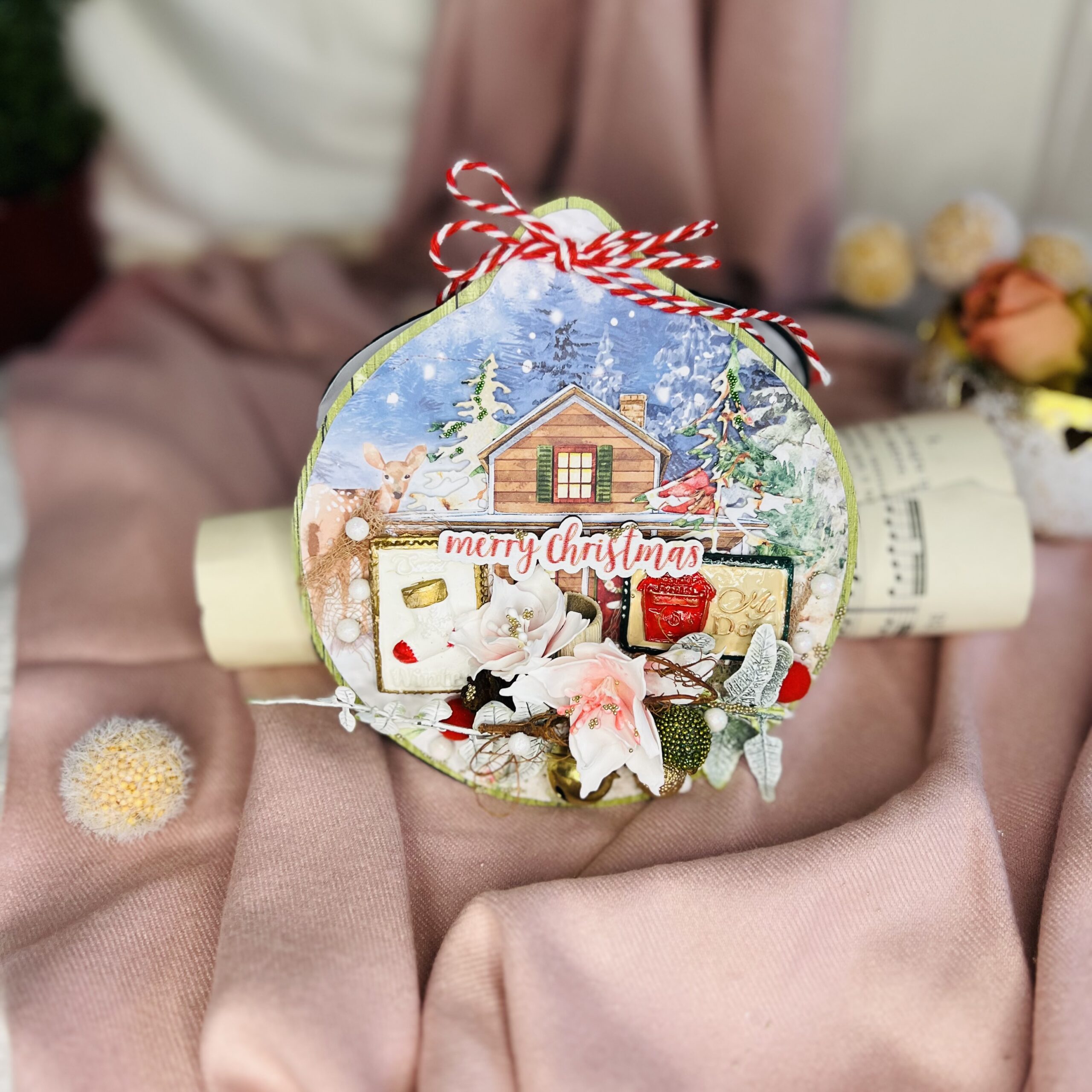 IMG_5825 Blue Bauble Christmas Card with Flowers and Wooden Greeting