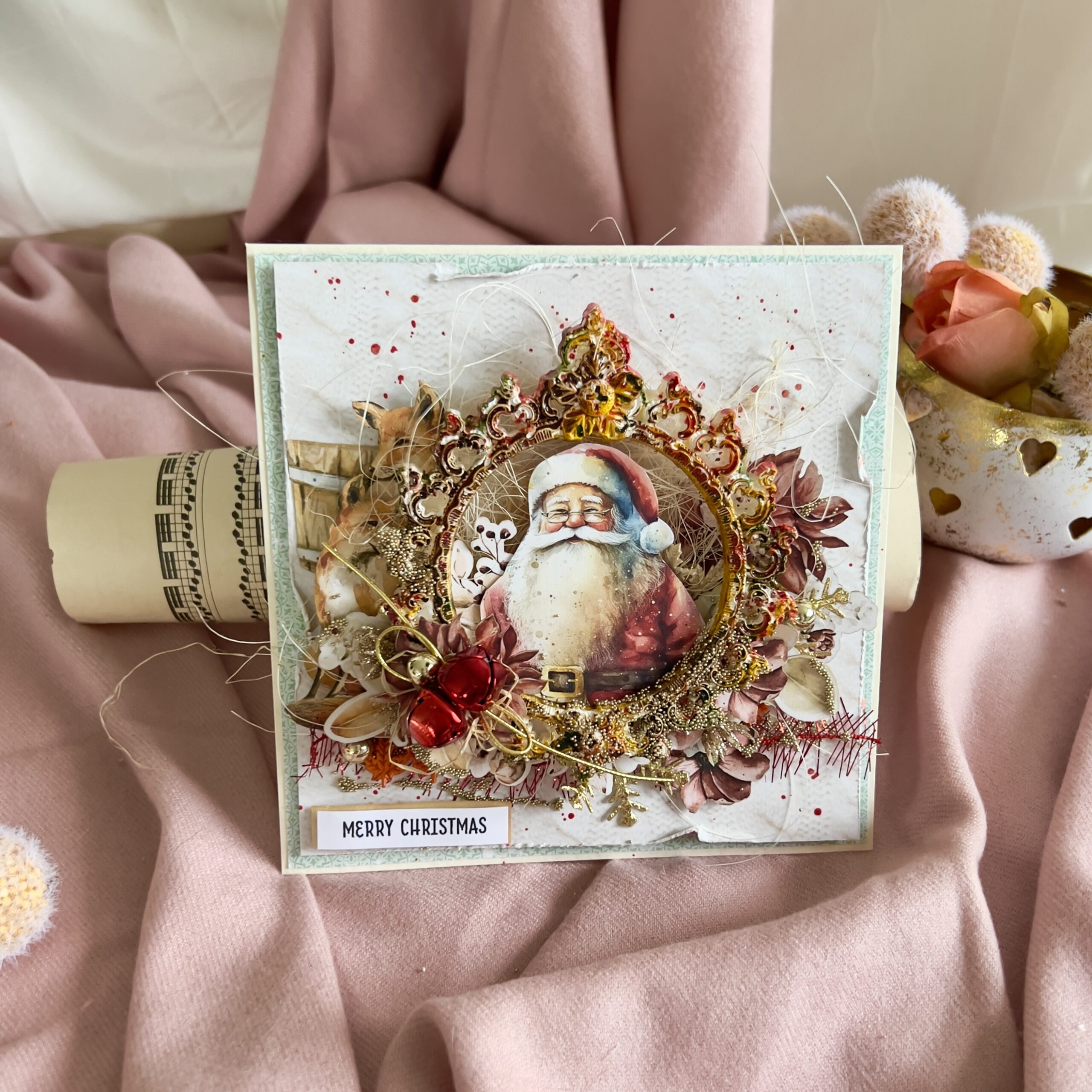 IMG_5829 Handmade Christmas Card-Santa in Festive Frame with Foxes