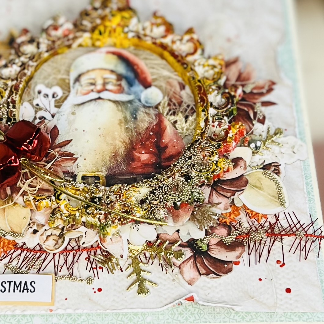 Handmade Christmas Card-Santa in Festive Frame with Foxes