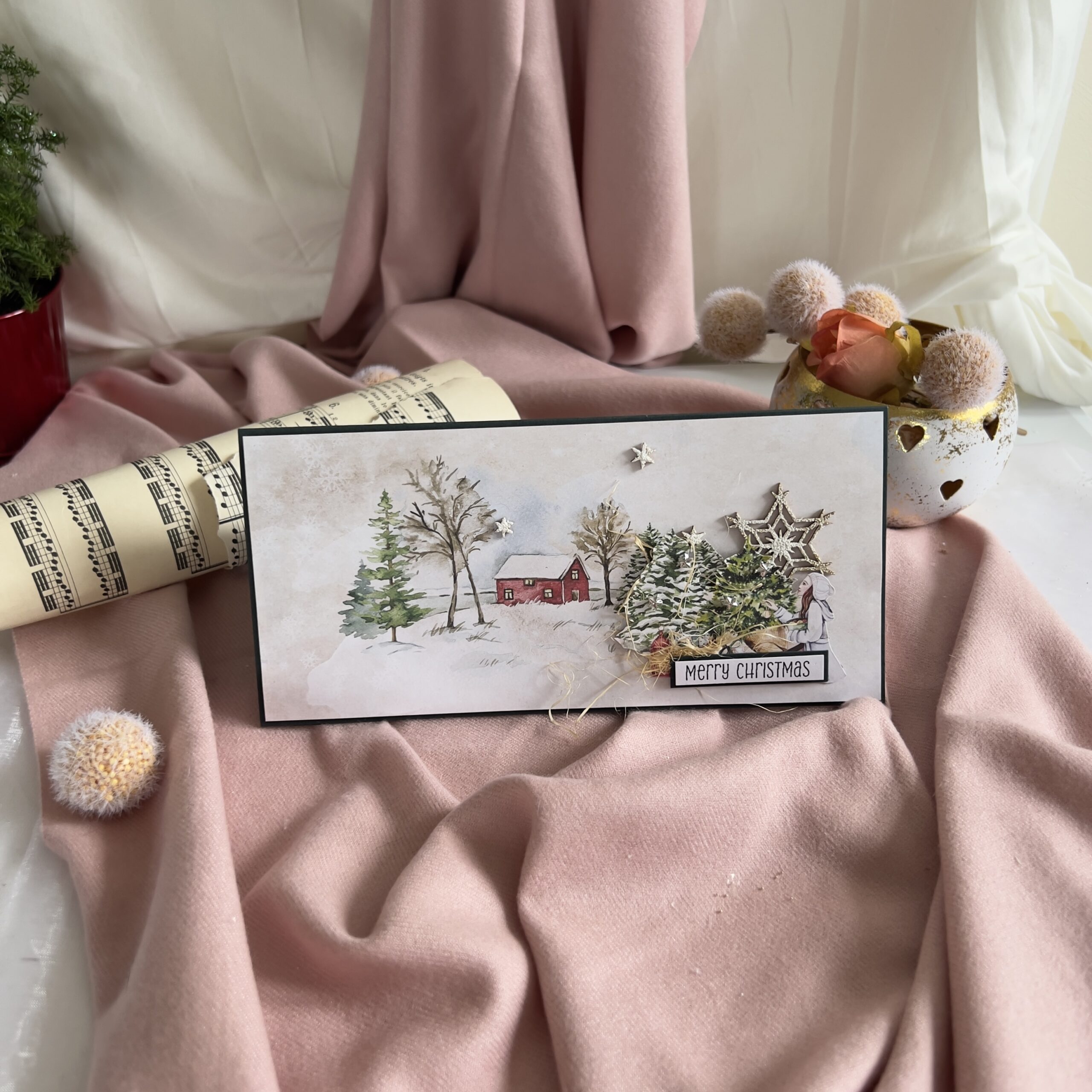 IMG_5915 Luxury Minimalist Christmas Card with 3D Tree and Winter Cottage Scene