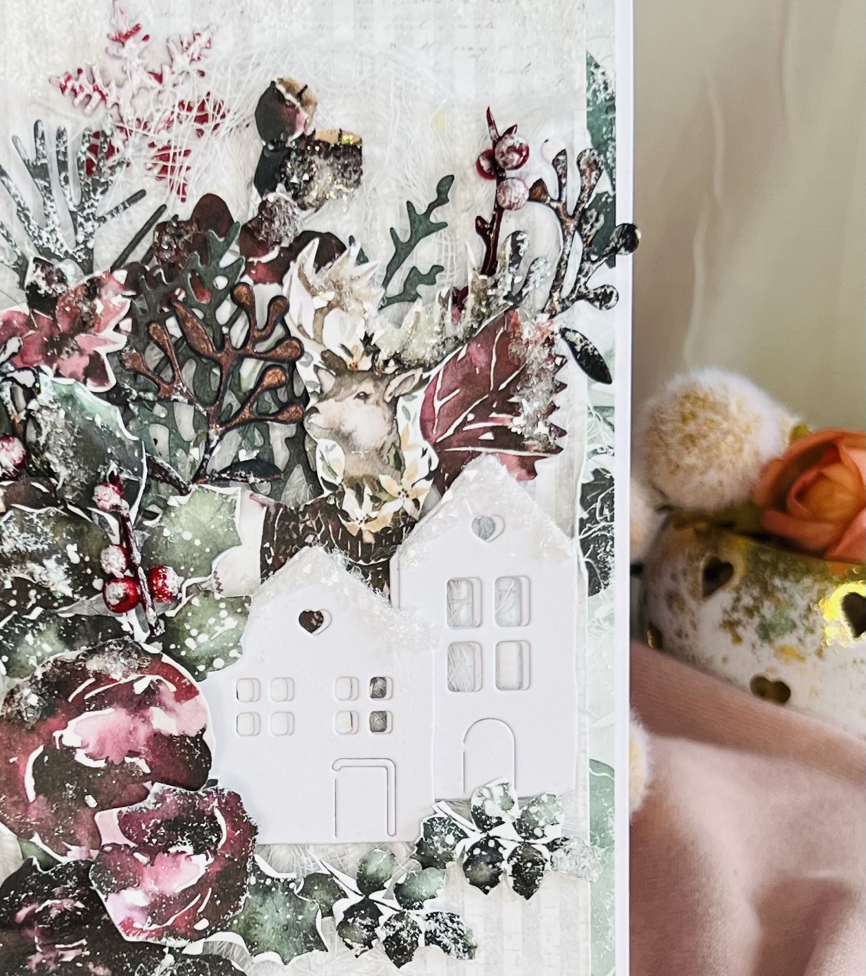 Christmas Card with Matching box Green,white and red handmade Christmas card featuring a village desing,show with matching box