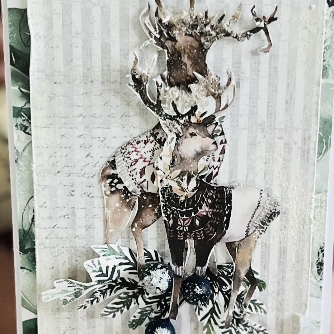 IMG_6124 Artistic White and Green Christmas Card with Snowy Moose