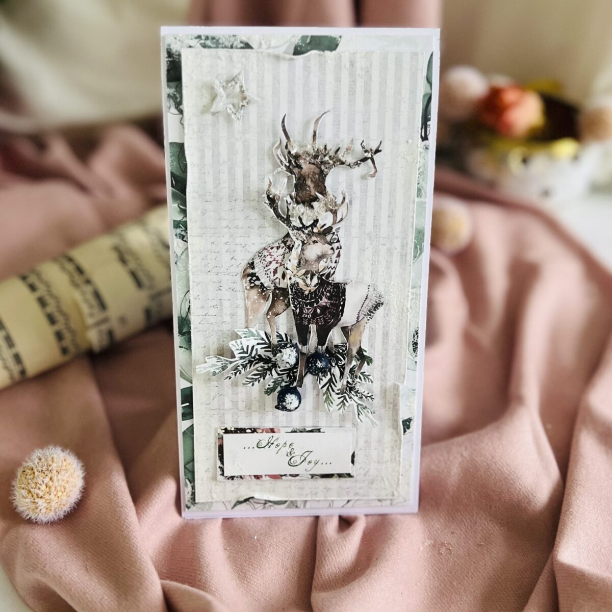 IMG_6125 Artistic White and Green Christmas Card with Snowy Moose