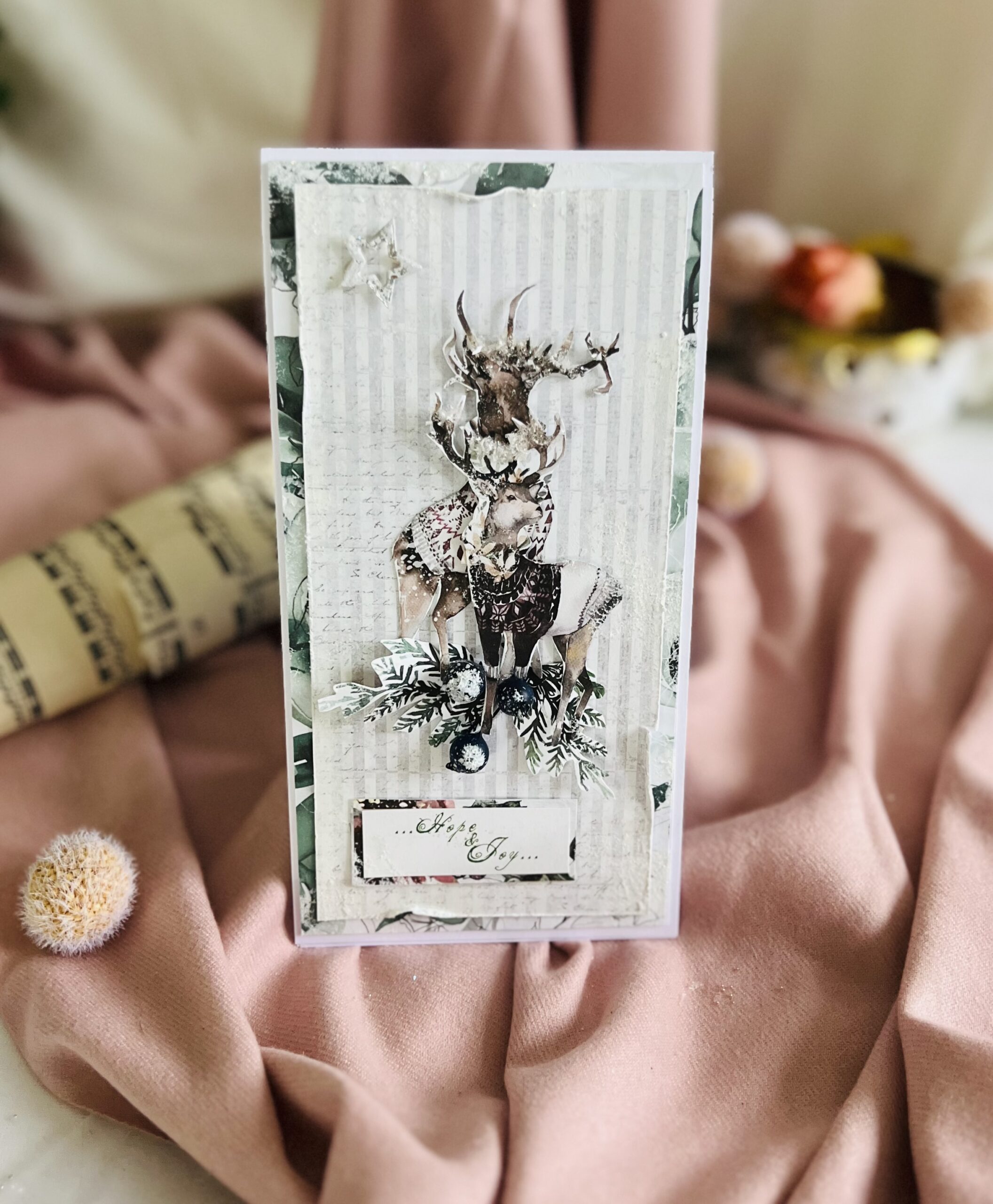 IMG_6125 Artistic White and Green Christmas Card with Snowy Moose