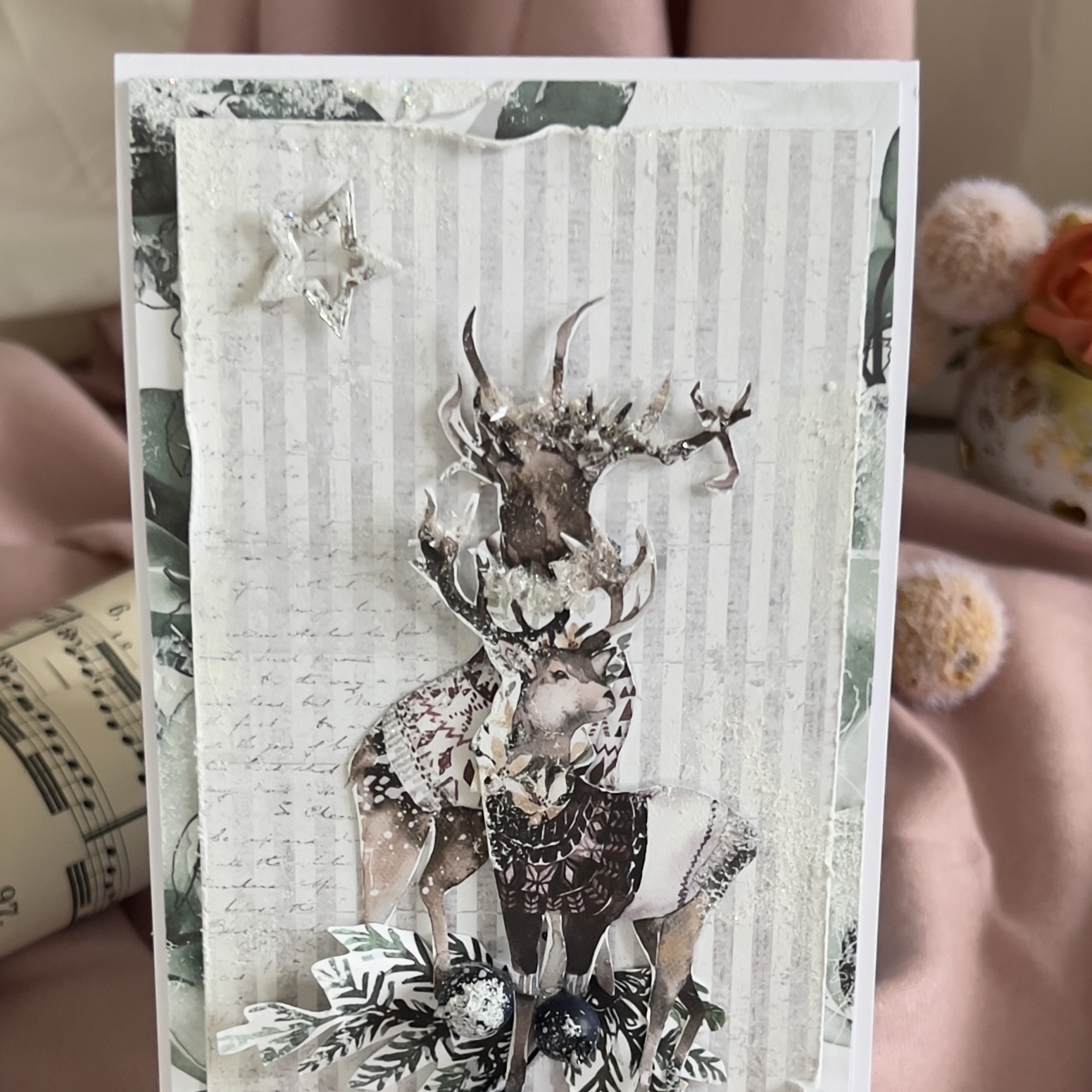 IMG_6130 Artistic White and Green Christmas Card with Snowy Moose